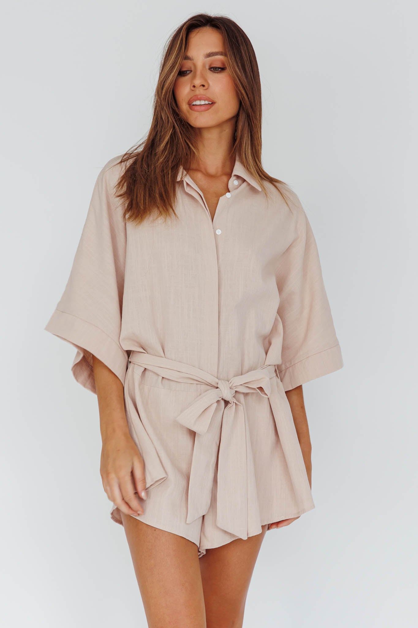 Daytona Beach Button-Up Romper Sand by Selfie Leslie