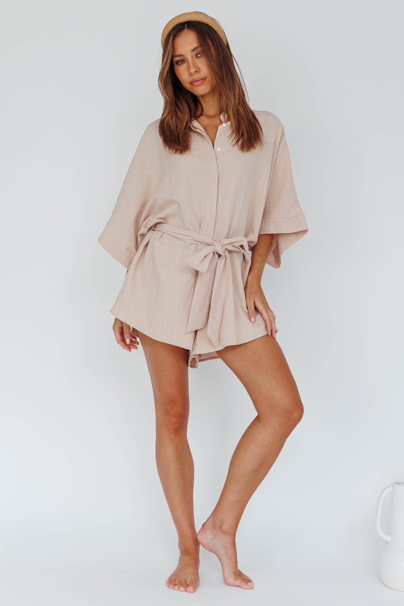 Daytona Beach Button-Up Romper Sand by Selfie Leslie