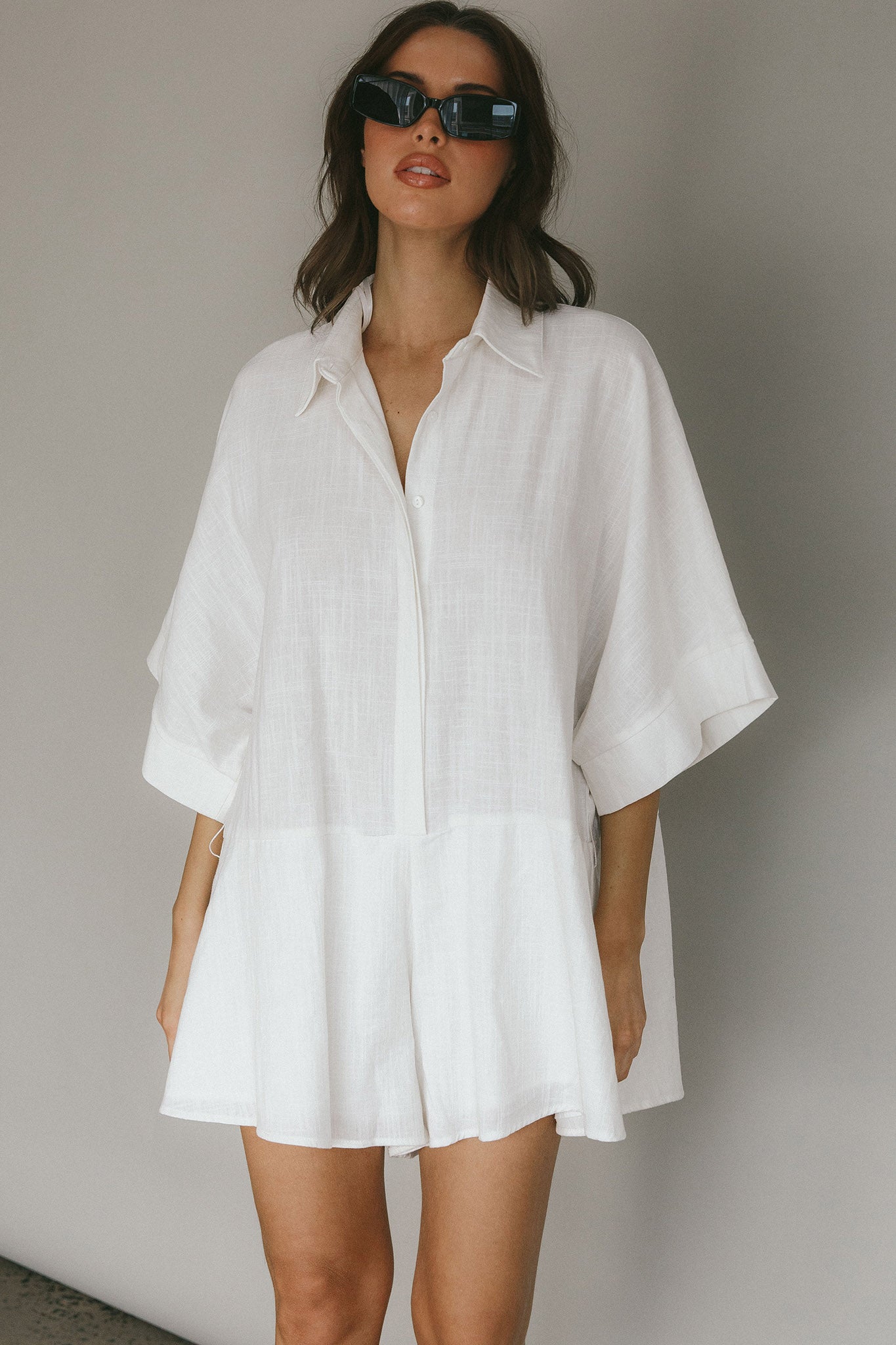 Daytona Beach Button-Up Romper White by Selfie Leslie