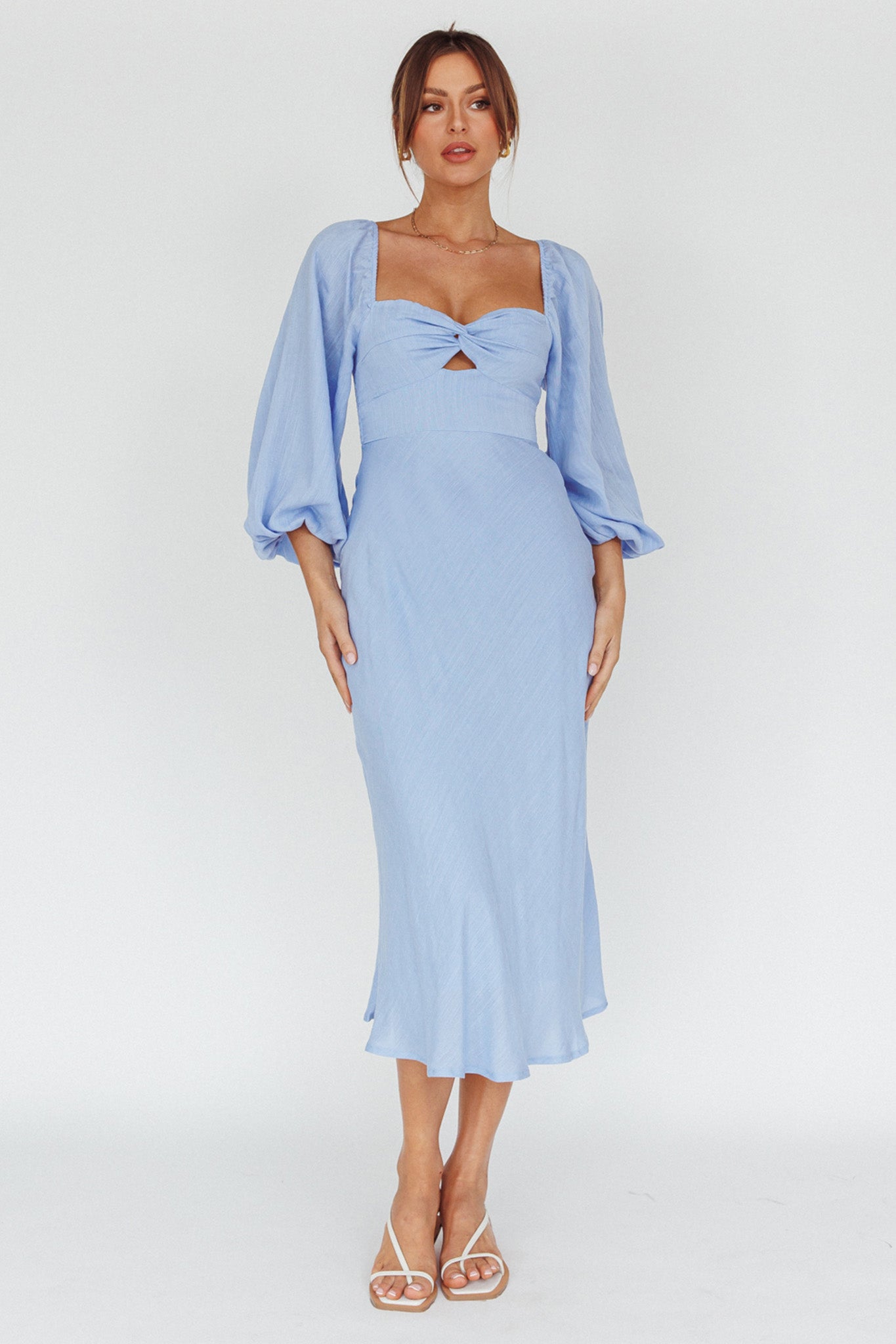 Betina Twist Bust Long Sleeve Midi Dress Blue by Selfie Leslie