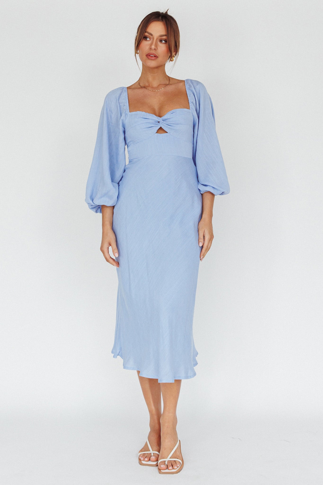 Betina Twist Bust Long Sleeve Midi Dress Blue by Selfie Leslie