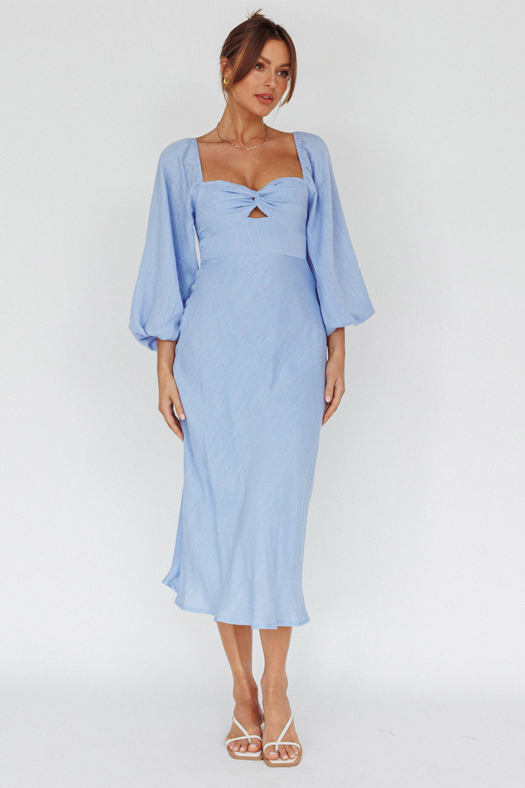 Betina Twist Bust Long Sleeve Midi Dress Blue by Selfie Leslie