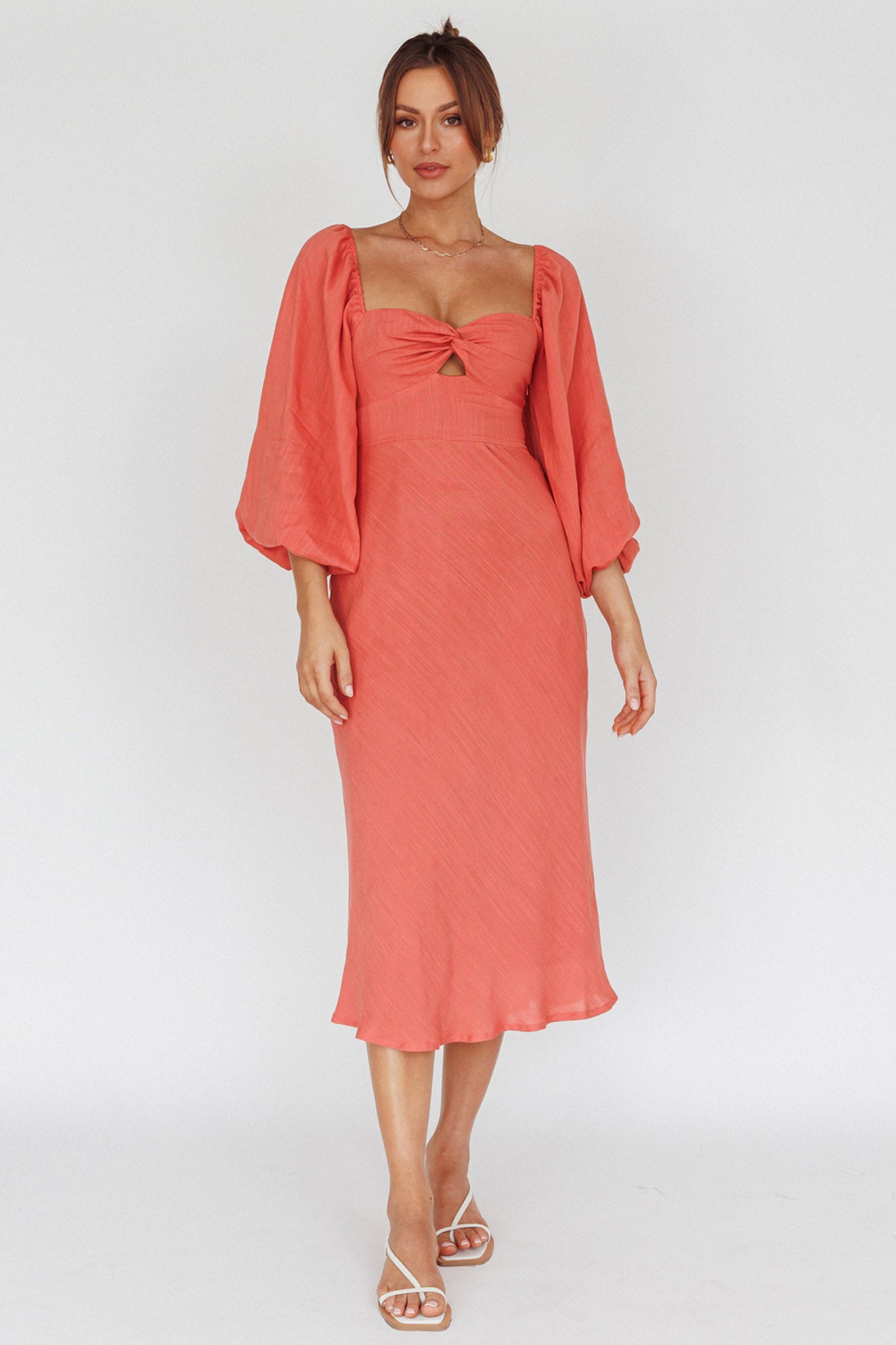 Betina Twist Bust Long Sleeve Midi Dress Lipstick by Selfie Leslie