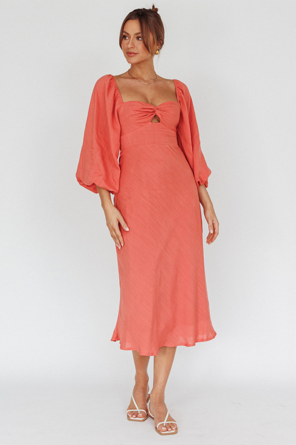 Betina Twist Bust Long Sleeve Midi Dress Lipstick by Selfie Leslie