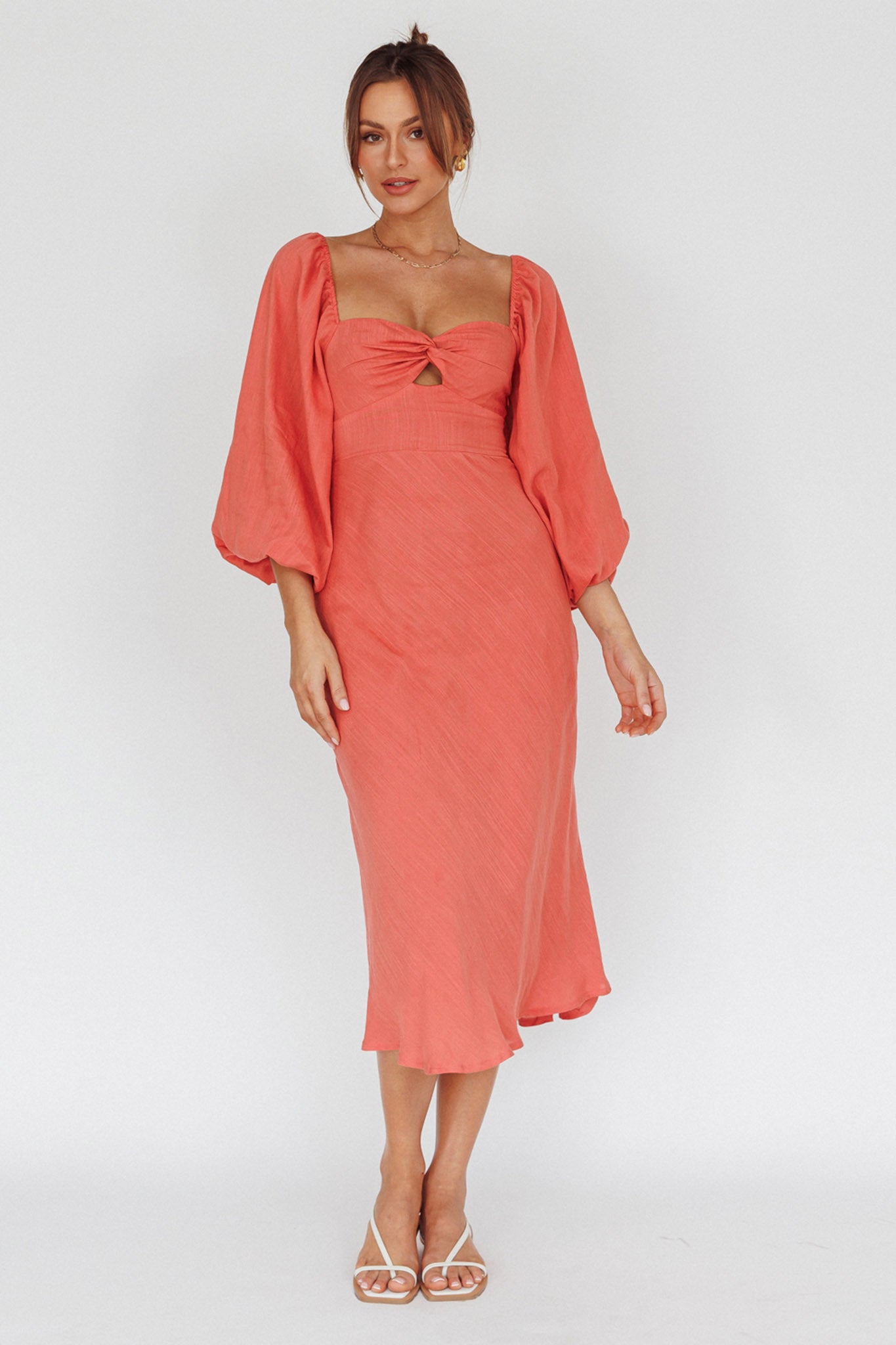 Betina Twist Bust Long Sleeve Midi Dress Lipstick by Selfie Leslie