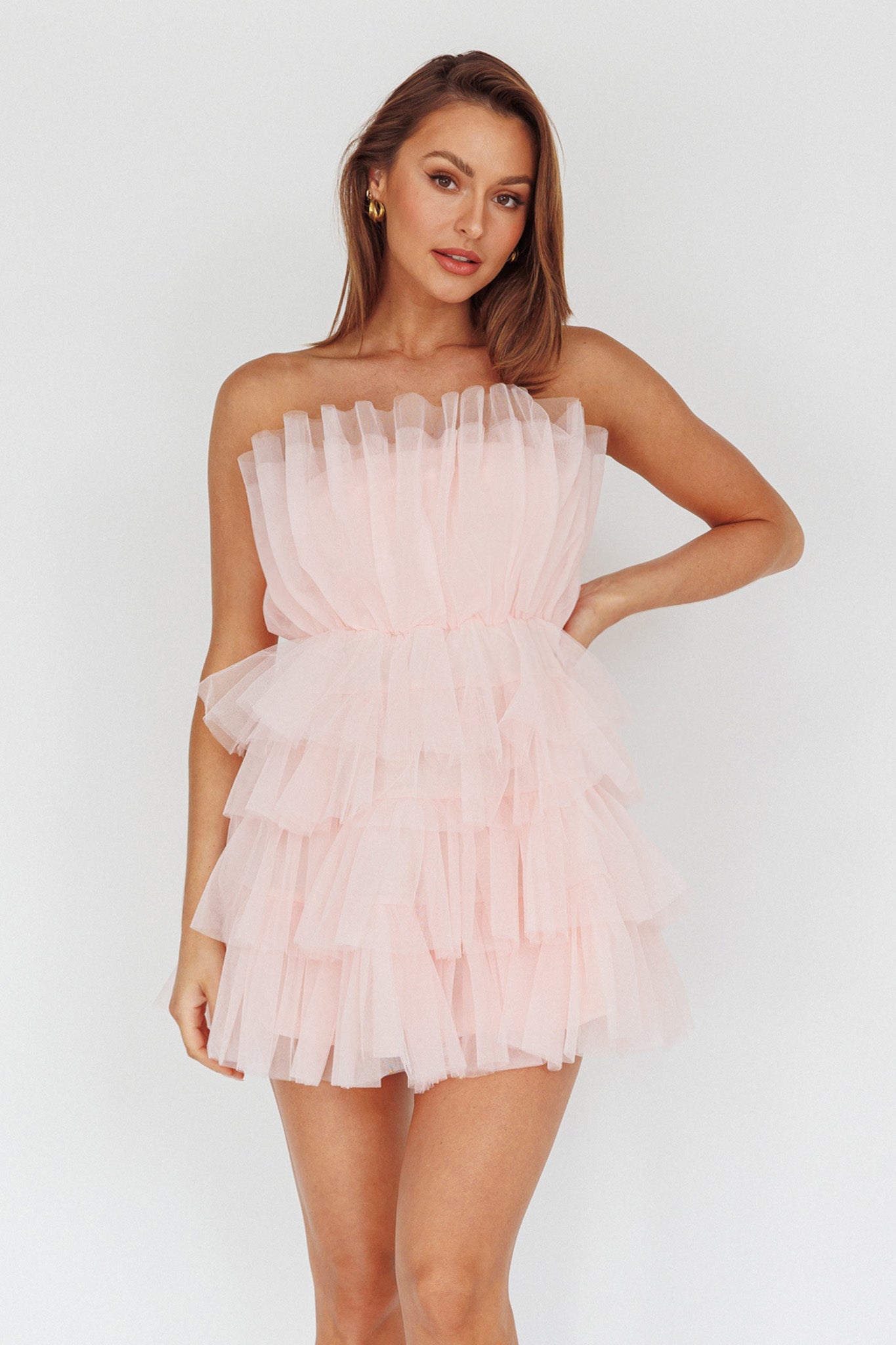 Bon Bon Tiered Mesh Mini Dress Blush by Selfie Leslie