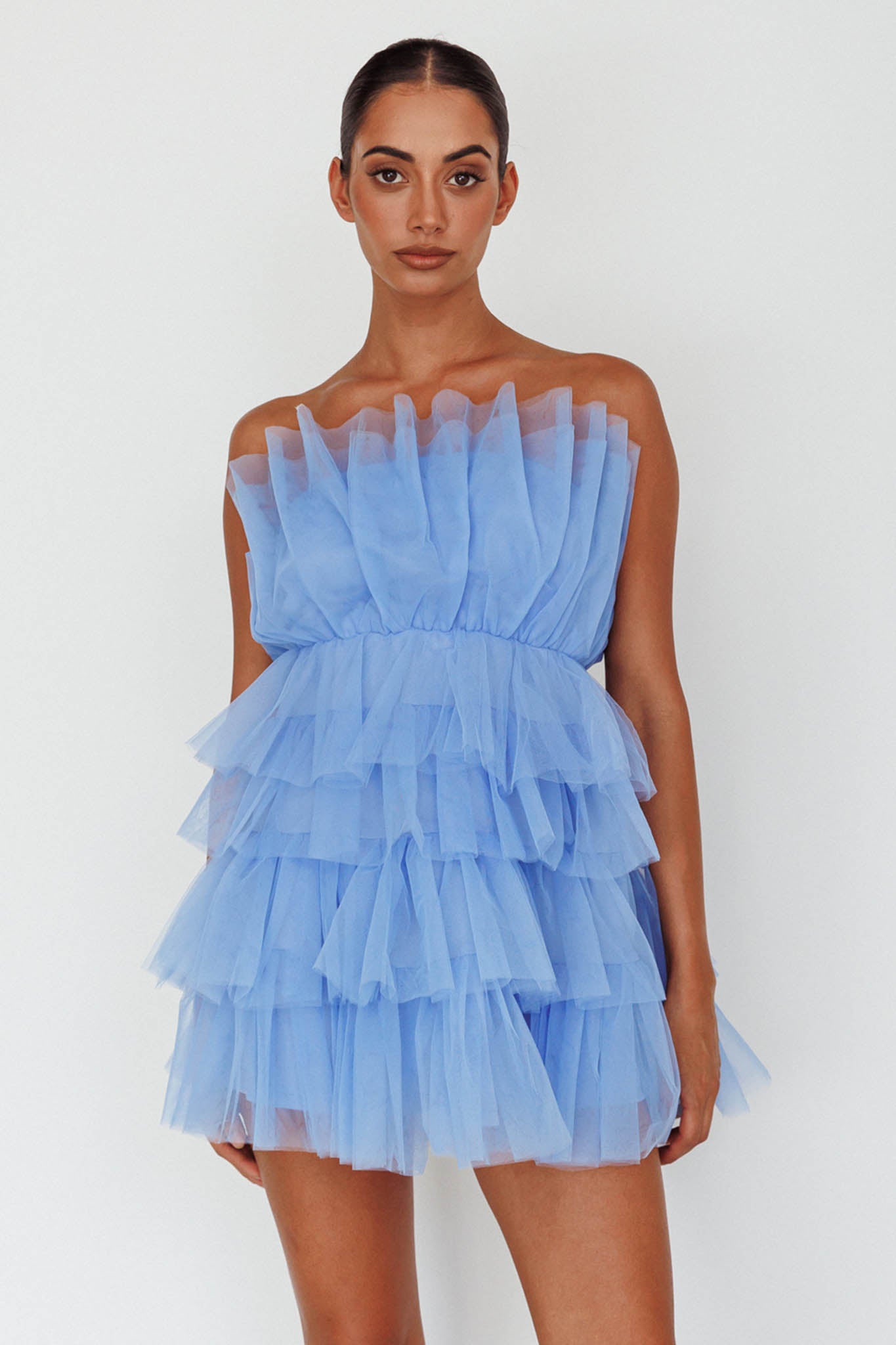 Bon Bon Tiered Mesh Mini Dress Steel Blue by Selfie Leslie
