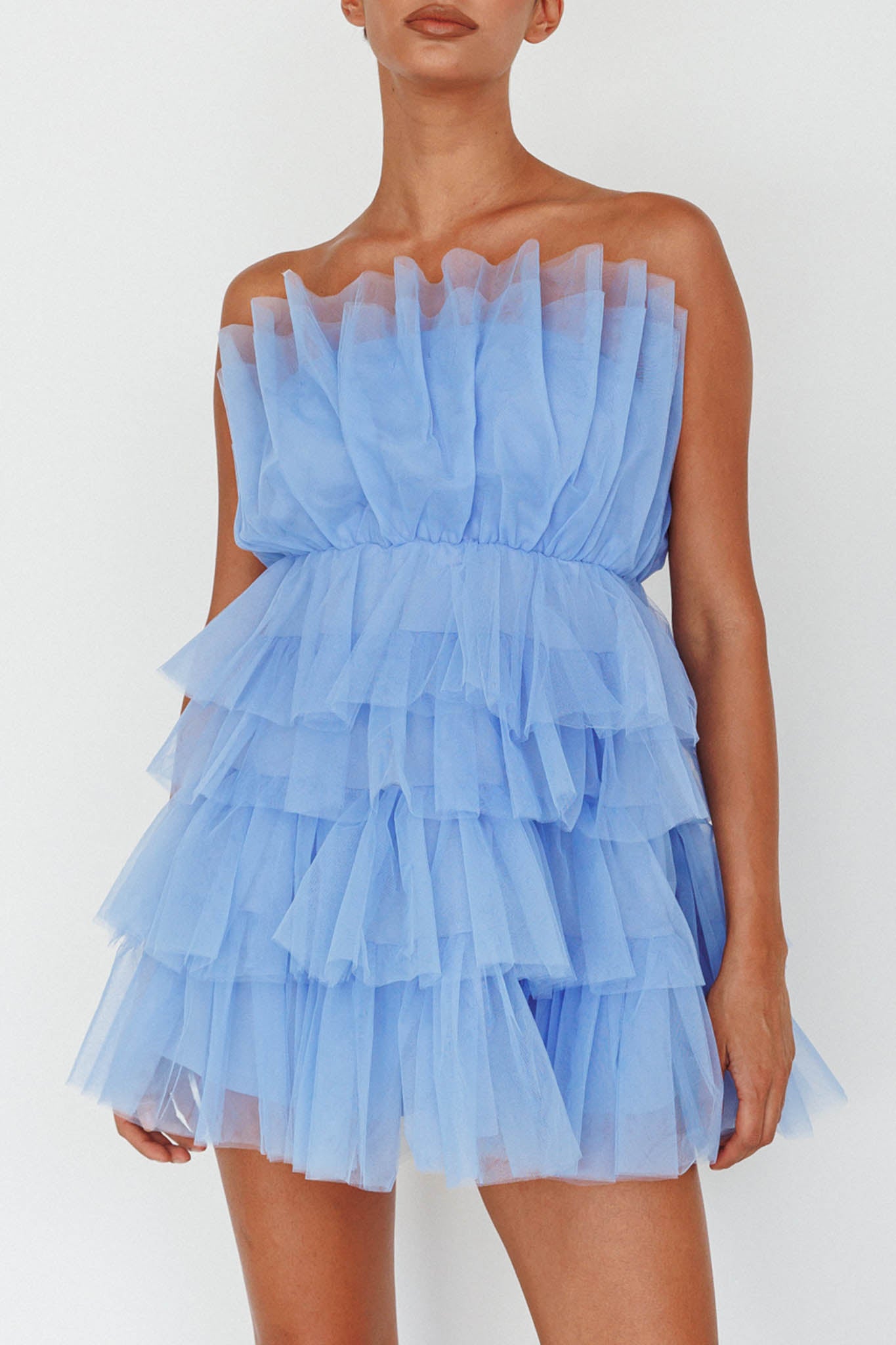 Bon Bon Tiered Mesh Mini Dress Steel Blue by Selfie Leslie