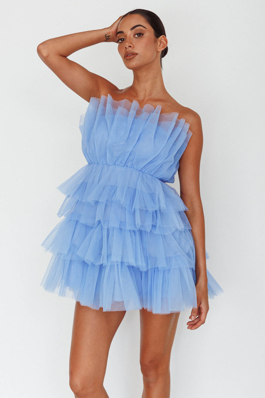 Bon Bon Tiered Mesh Mini Dress Steel Blue by Selfie Leslie