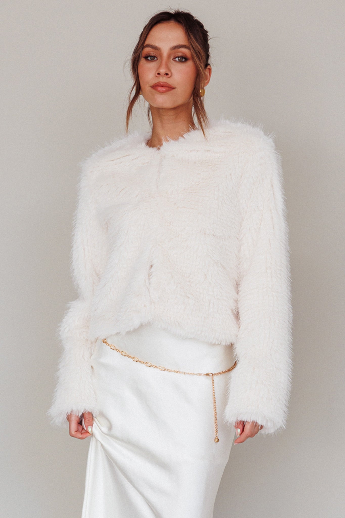 London Day Faux Fur Jacket Cream by Selfie Leslie