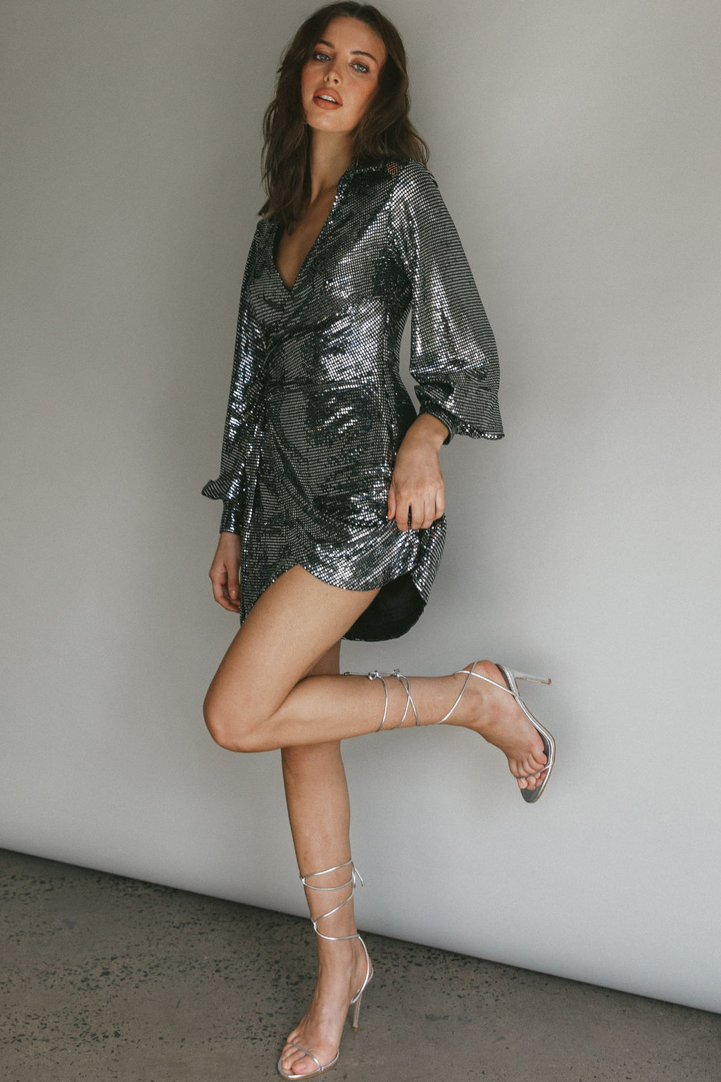 Ruma Faux Wrap Shirt Dress Sequin Metal by Selfie Leslie