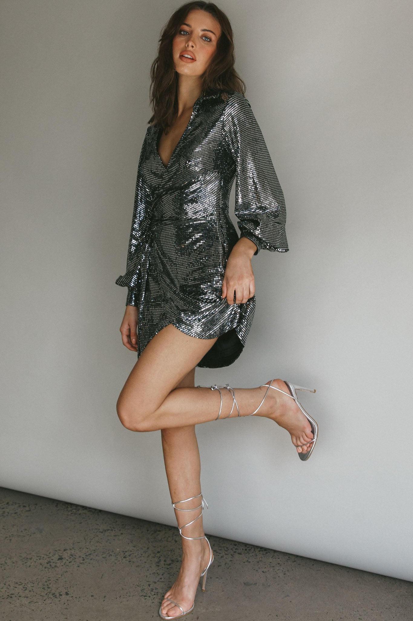 Ruma Faux Wrap Shirt Dress Sequin Metal by Selfie Leslie
