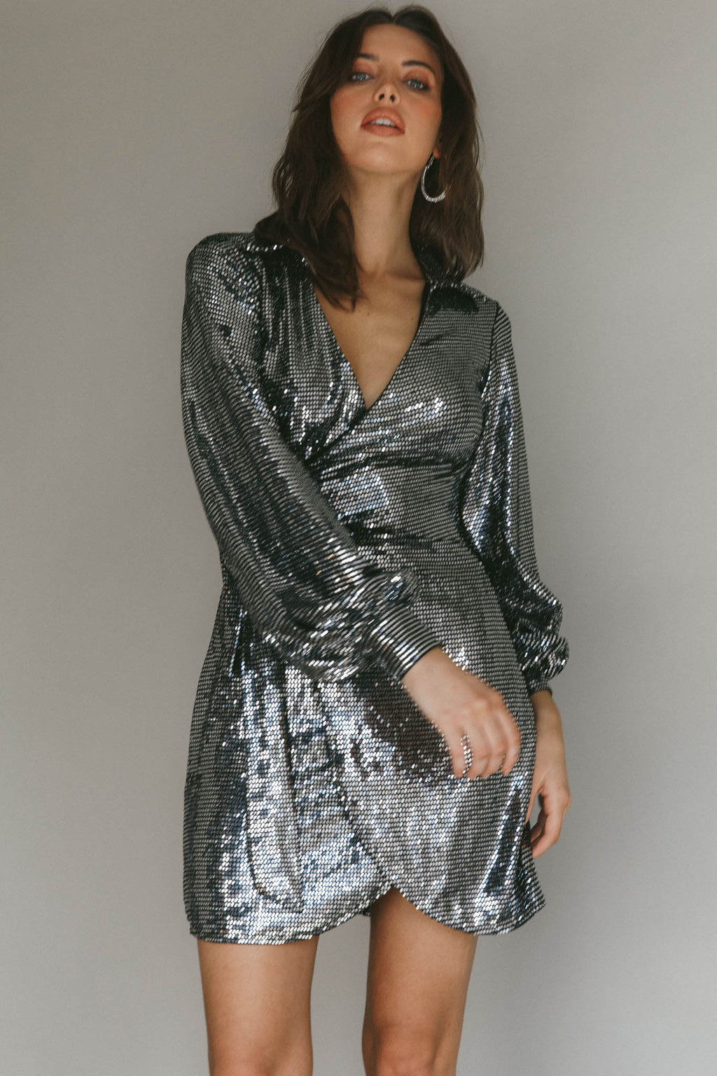 Ruma Faux Wrap Shirt Dress Sequin Metal by Selfie Leslie