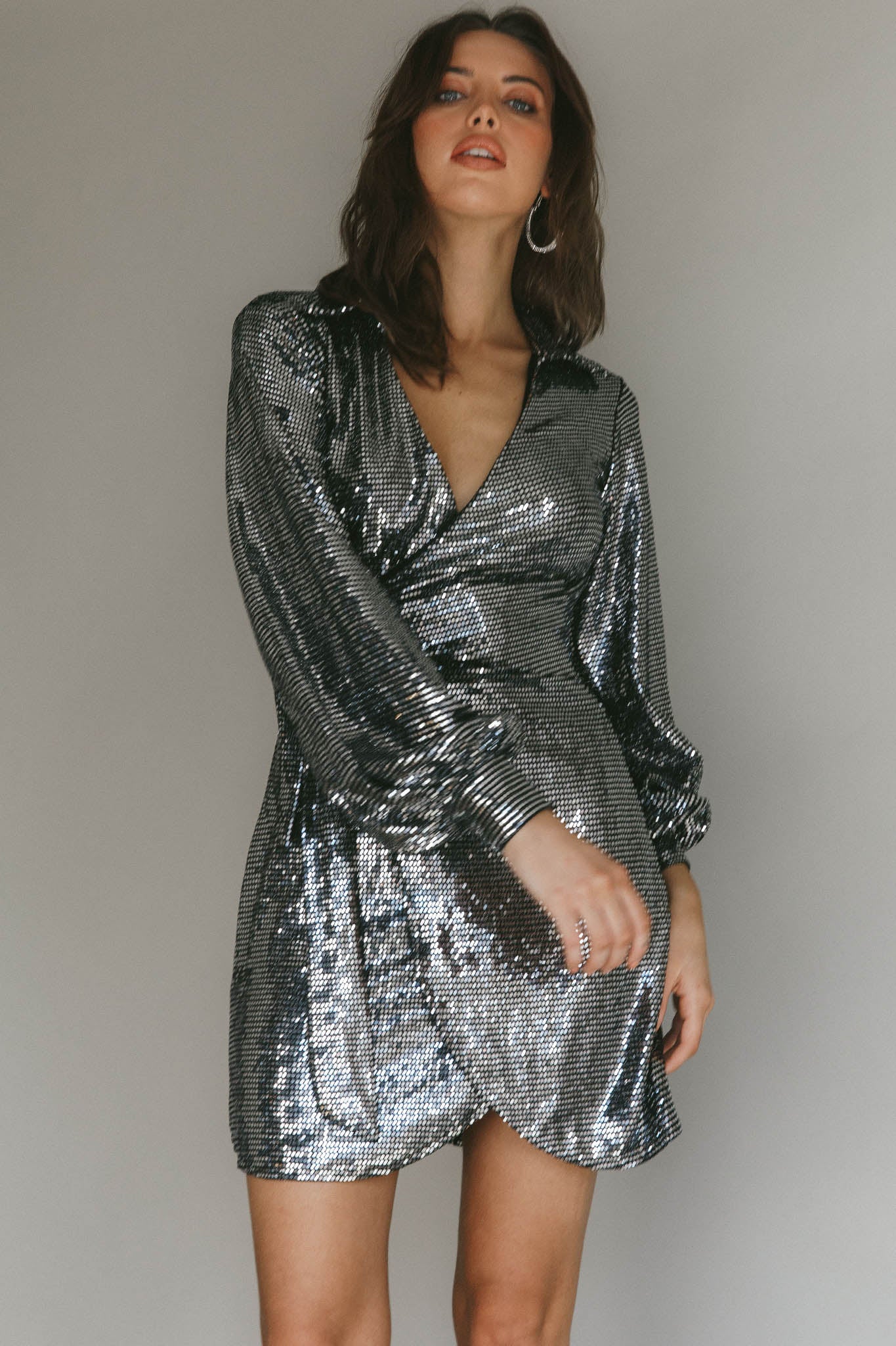 Ruma Faux Wrap Shirt Dress Sequin Metal by Selfie Leslie