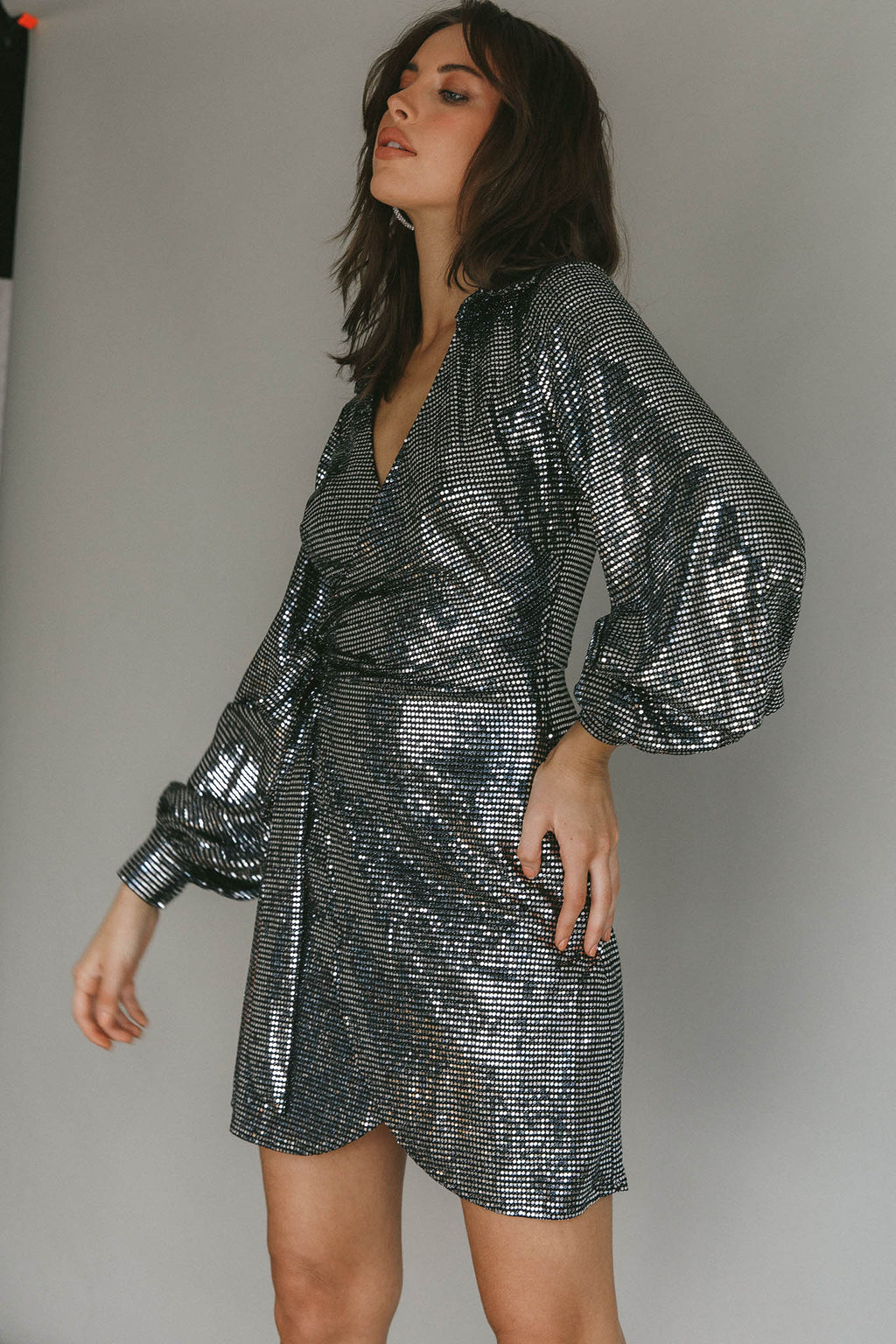 Ruma Faux Wrap Shirt Dress Sequin Metal by Selfie Leslie
