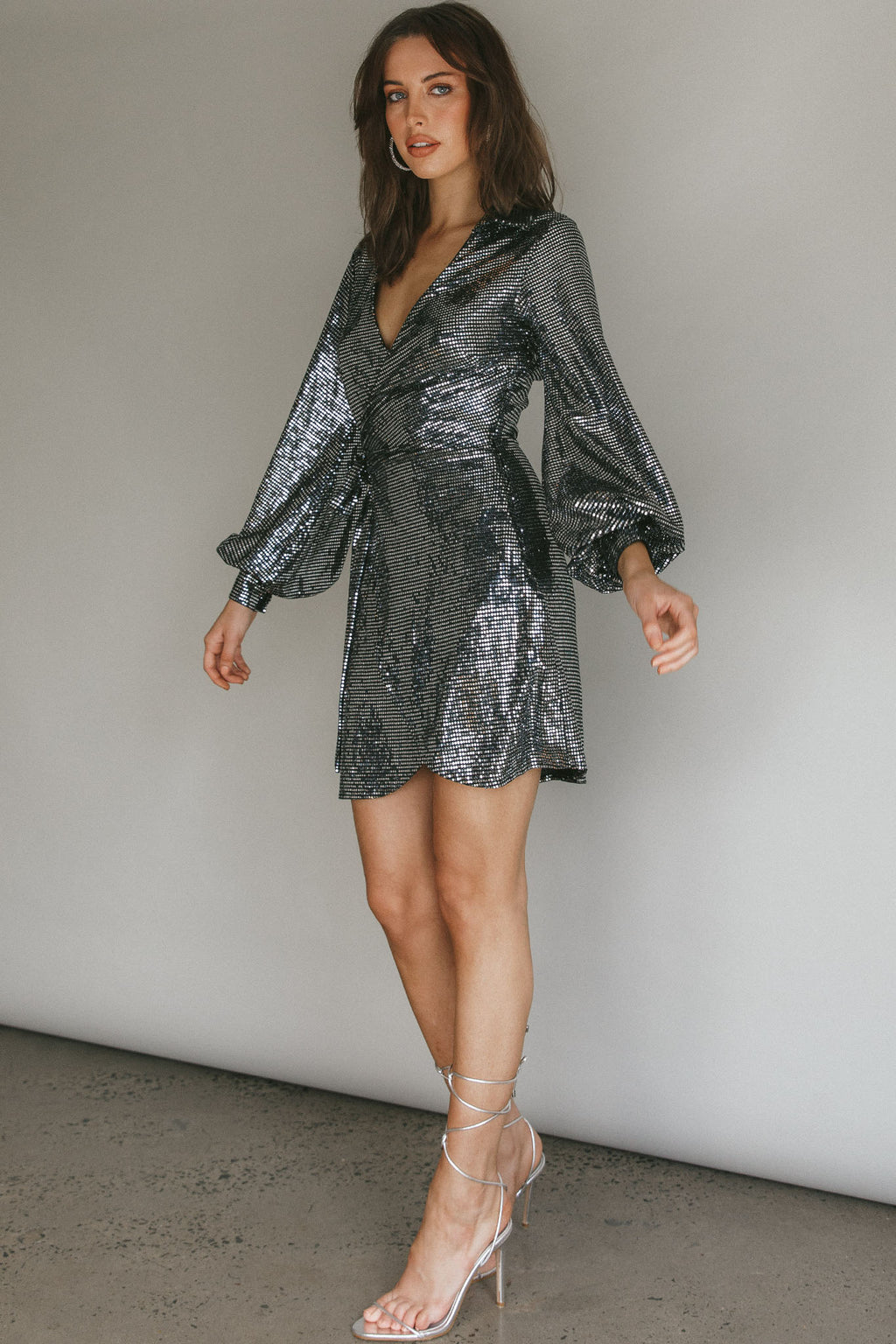 Ruma Faux Wrap Shirt Dress Sequin Metal by Selfie Leslie