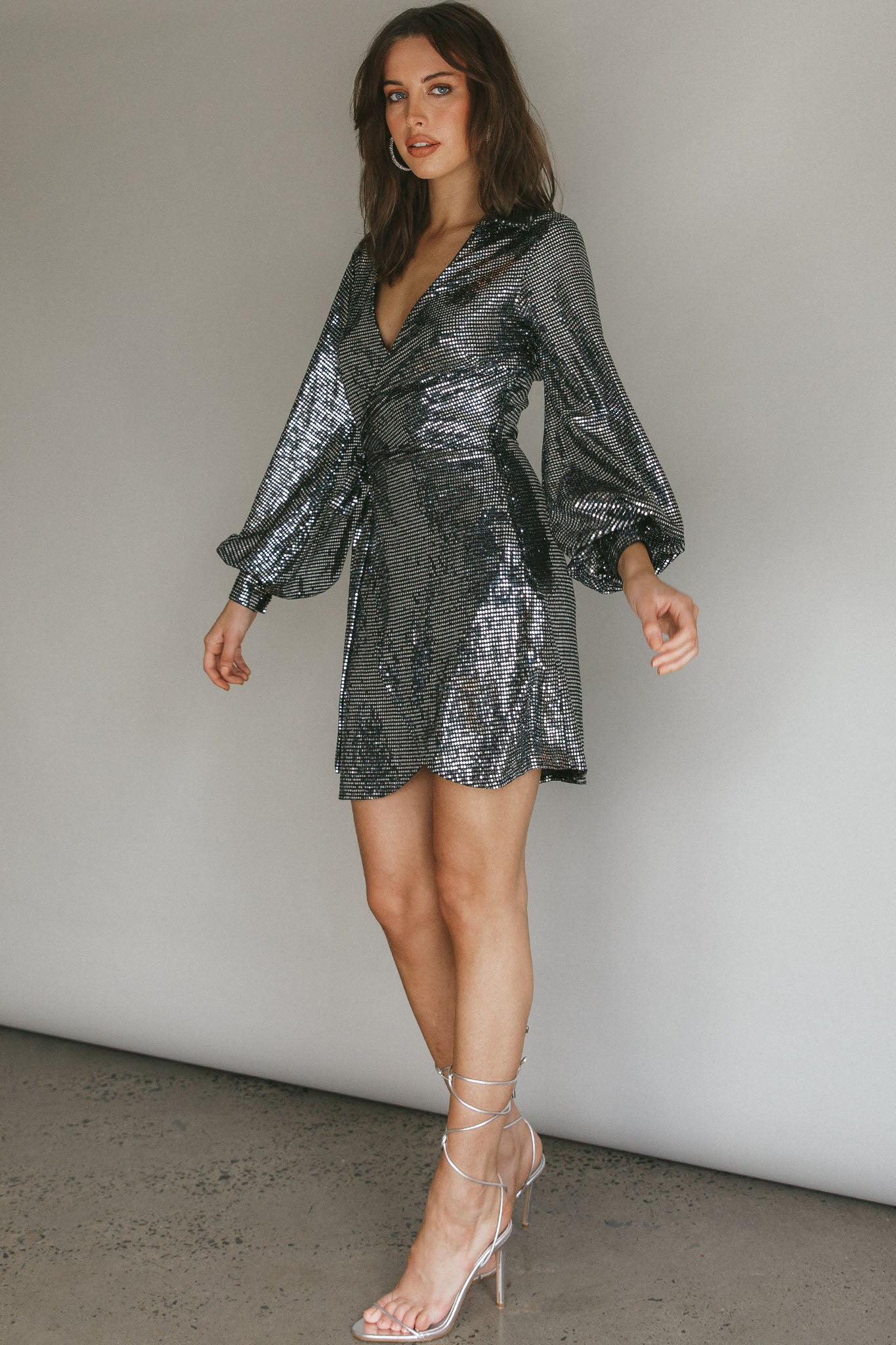 Ruma Faux Wrap Shirt Dress Sequin Metal by Selfie Leslie