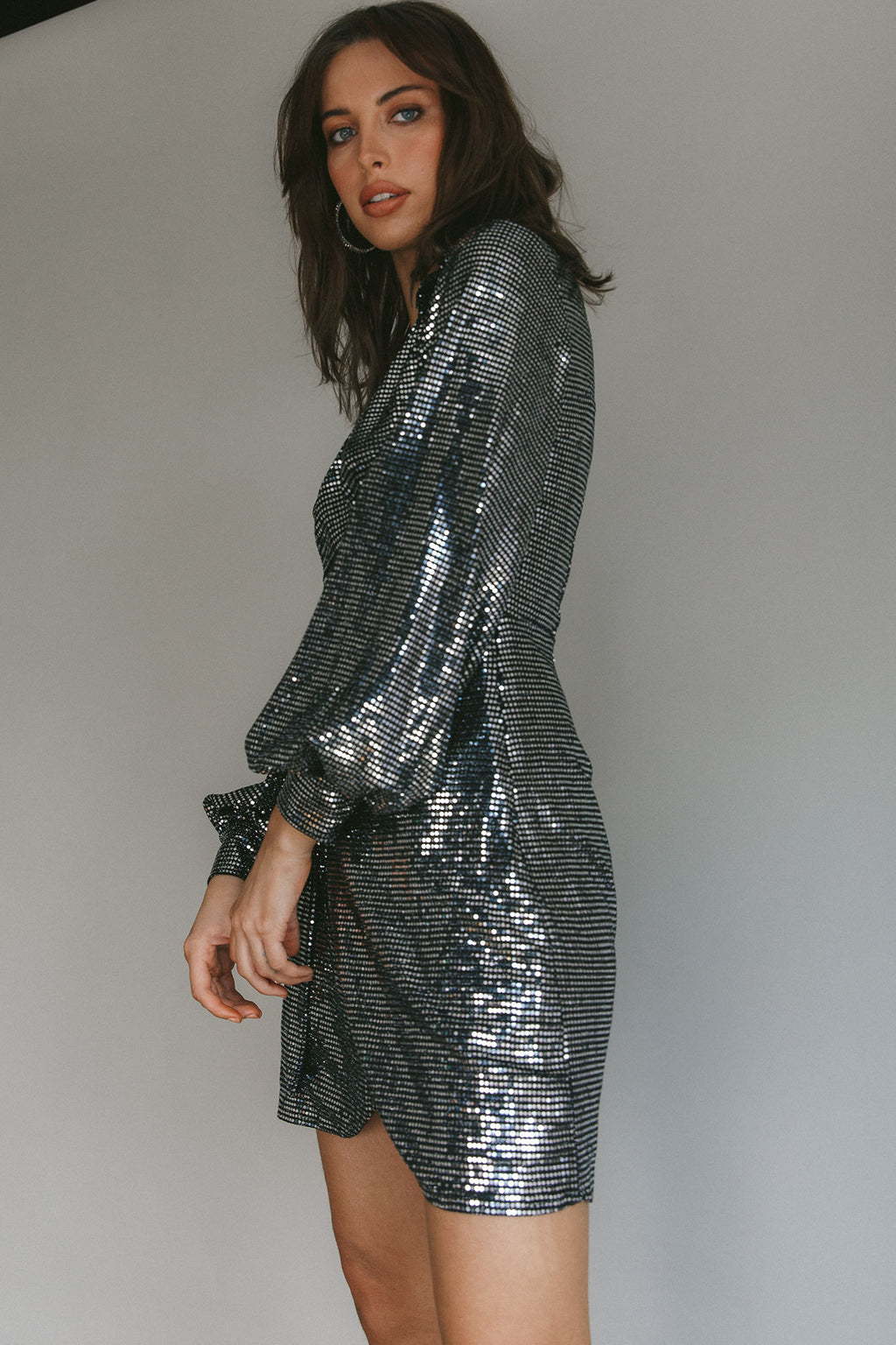Ruma Faux Wrap Shirt Dress Sequin Metal by Selfie Leslie
