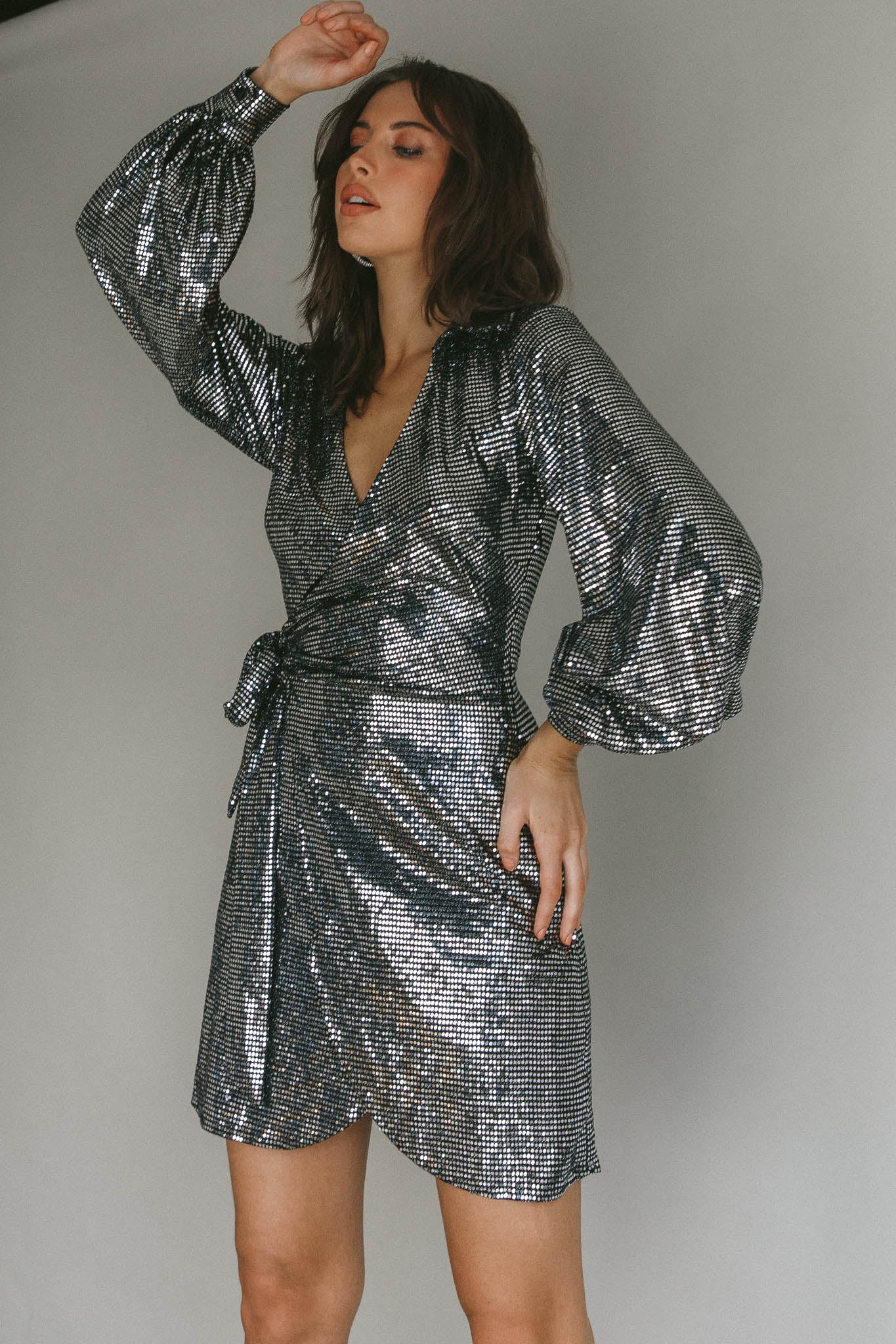 Ruma Faux Wrap Shirt Dress Sequin Metal by Selfie Leslie