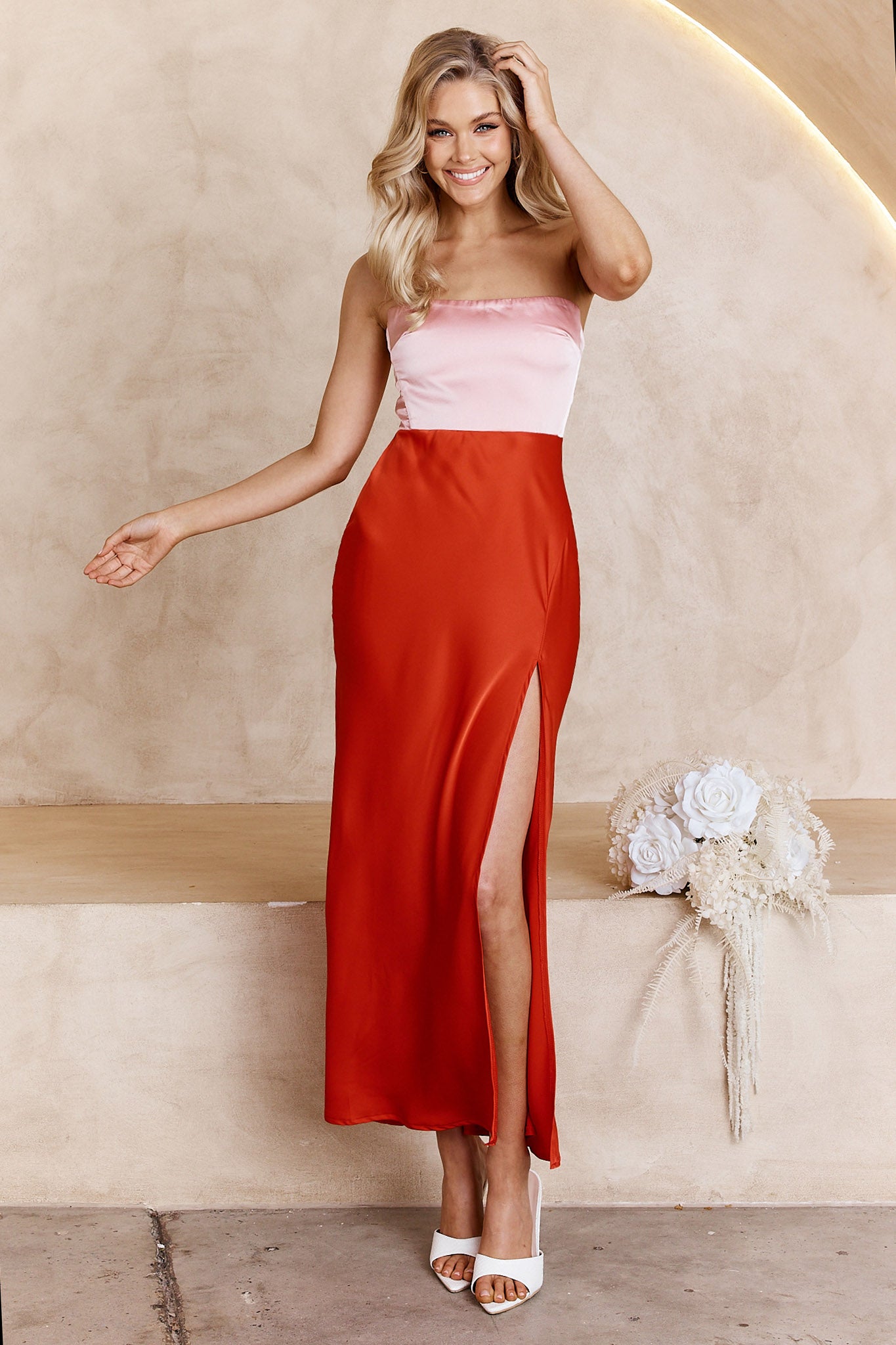 Everlee Strapless Split Midi Dress Pink by Selfie Leslie