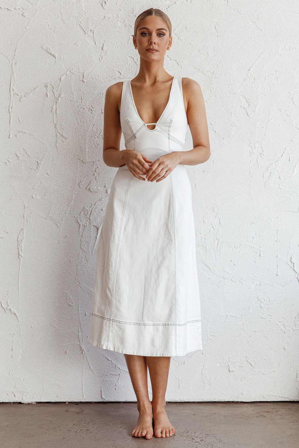 Elias Decorative Stitch Midi Dress White by Selfie Leslie