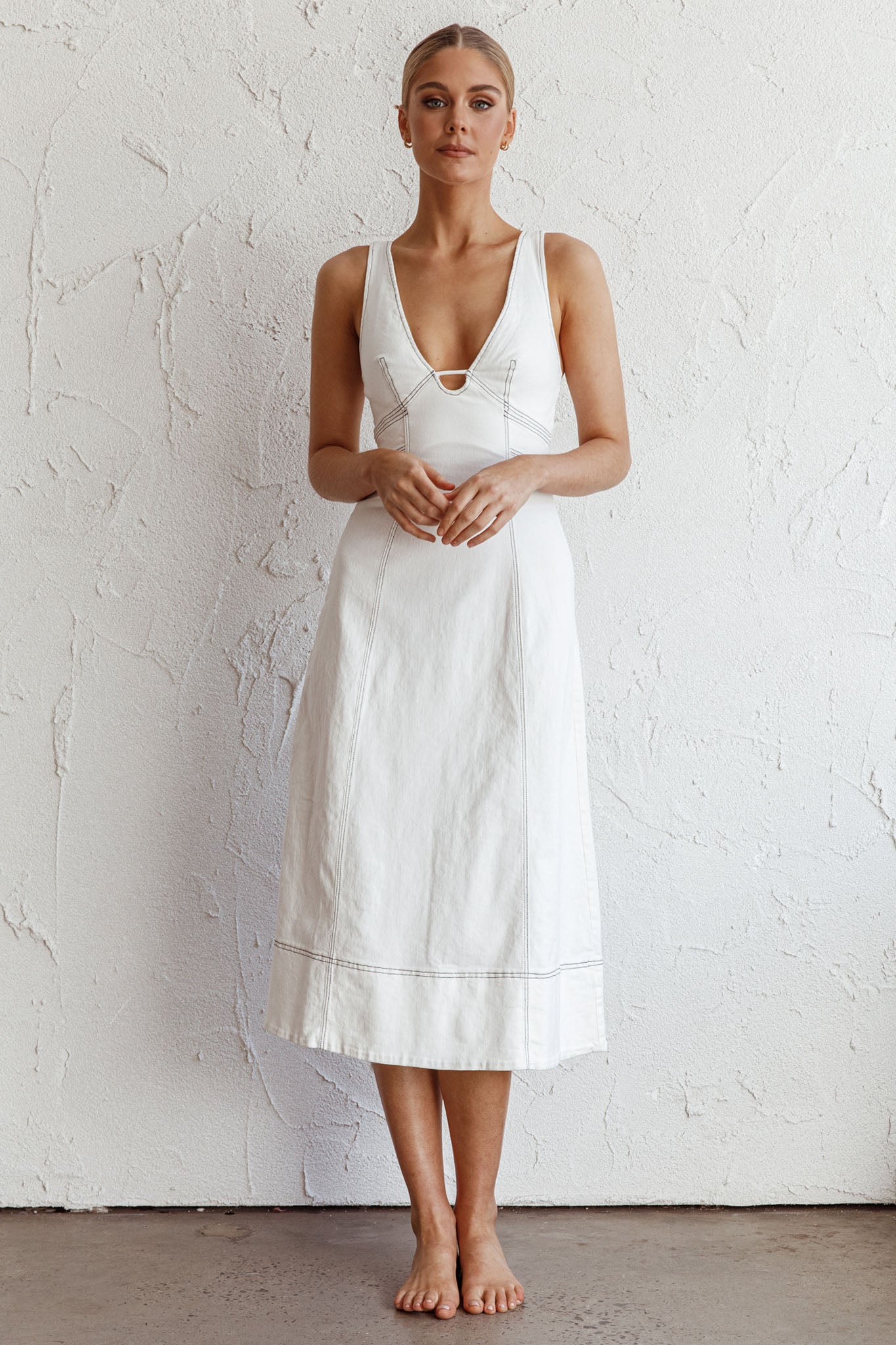 Elias Decorative Stitch Midi Dress White by Selfie Leslie