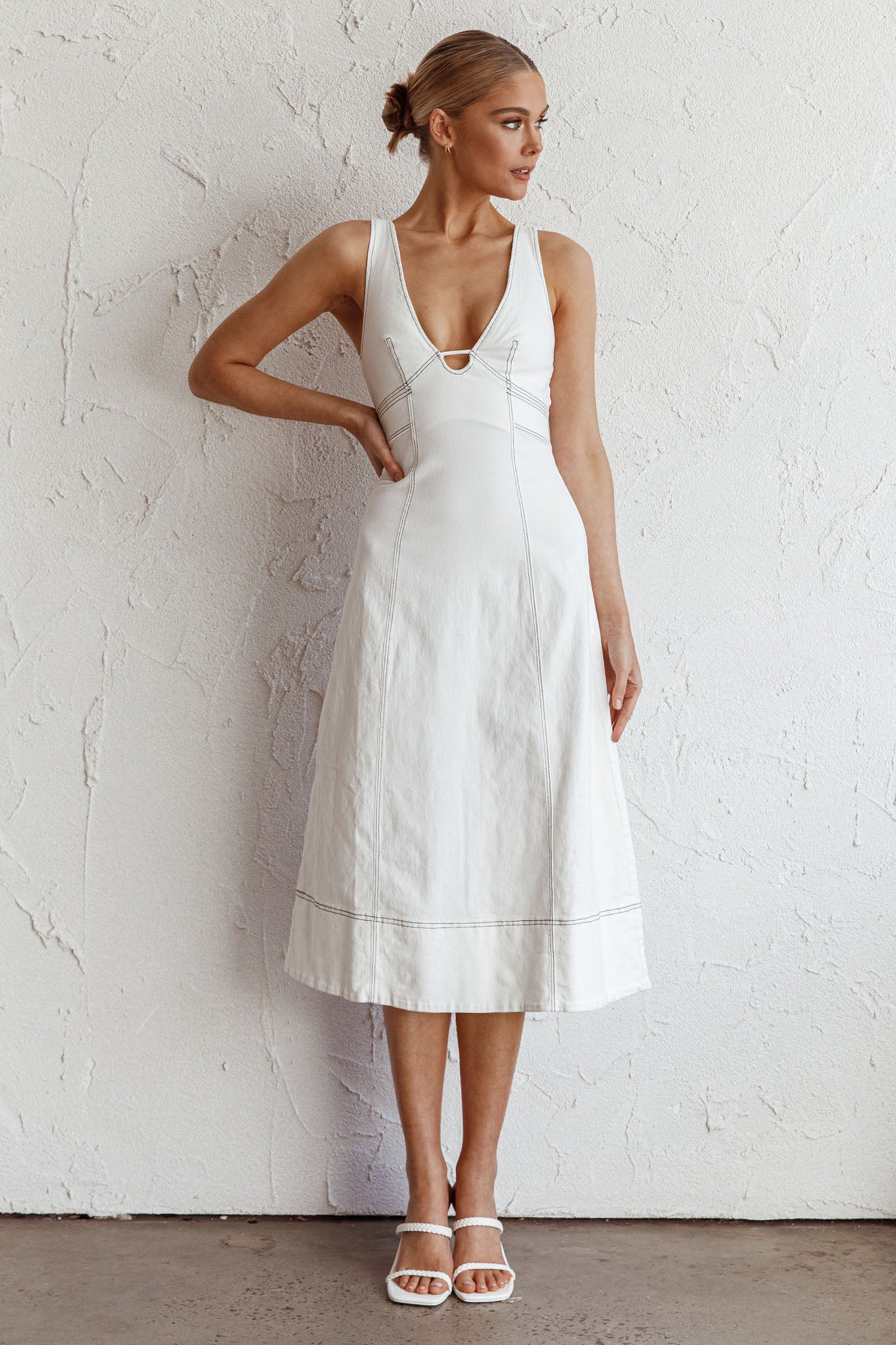 Elias Decorative Stitch Midi Dress White by Selfie Leslie