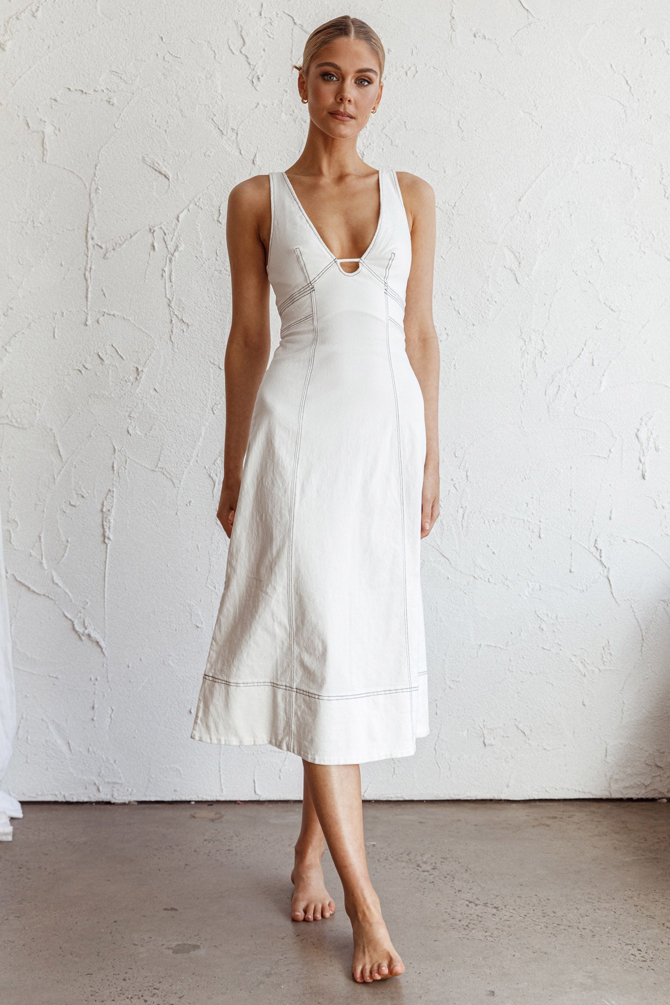 Elias Decorative Stitch Midi Dress White by Selfie Leslie