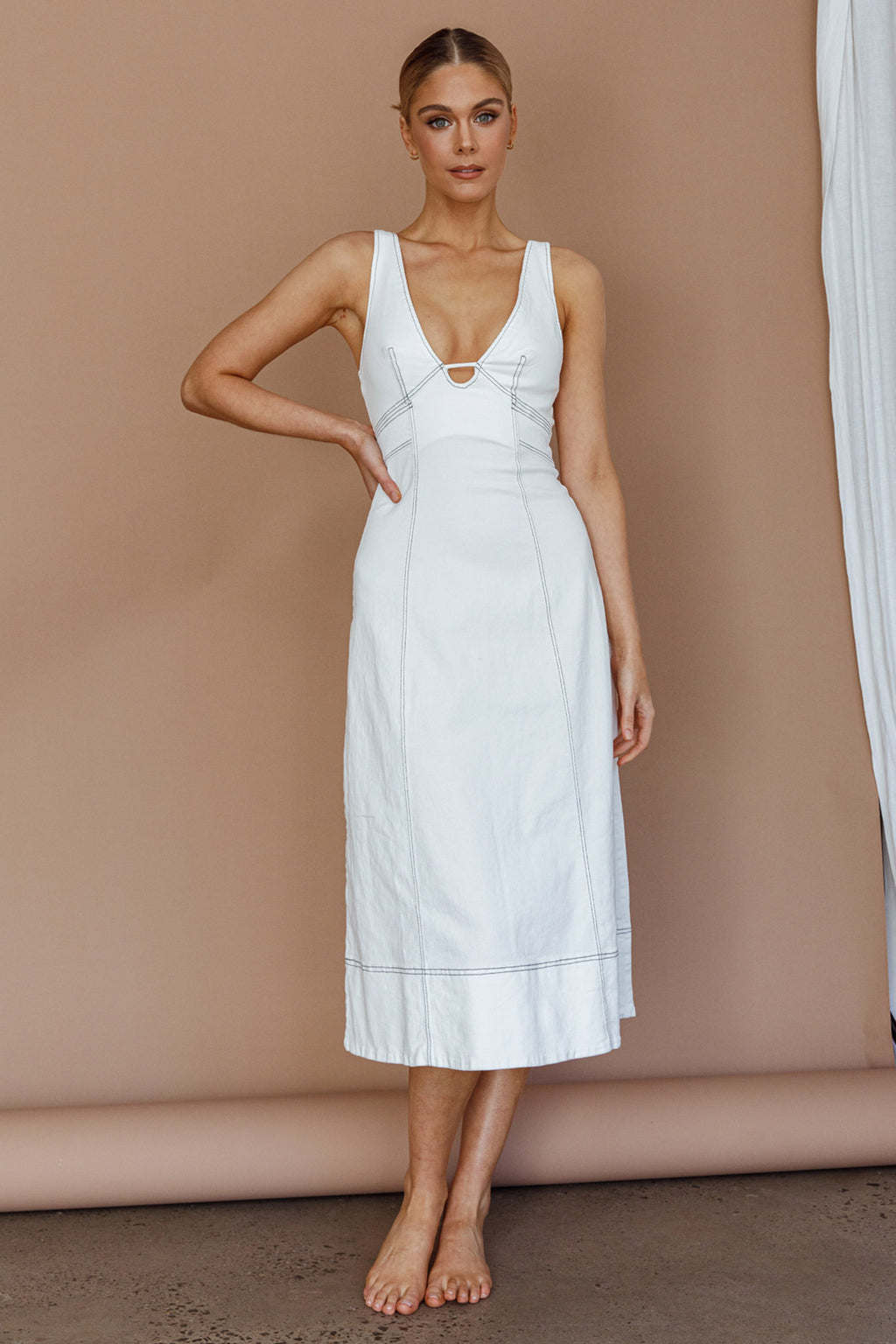 Elias Decorative Stitch Midi Dress White by Selfie Leslie