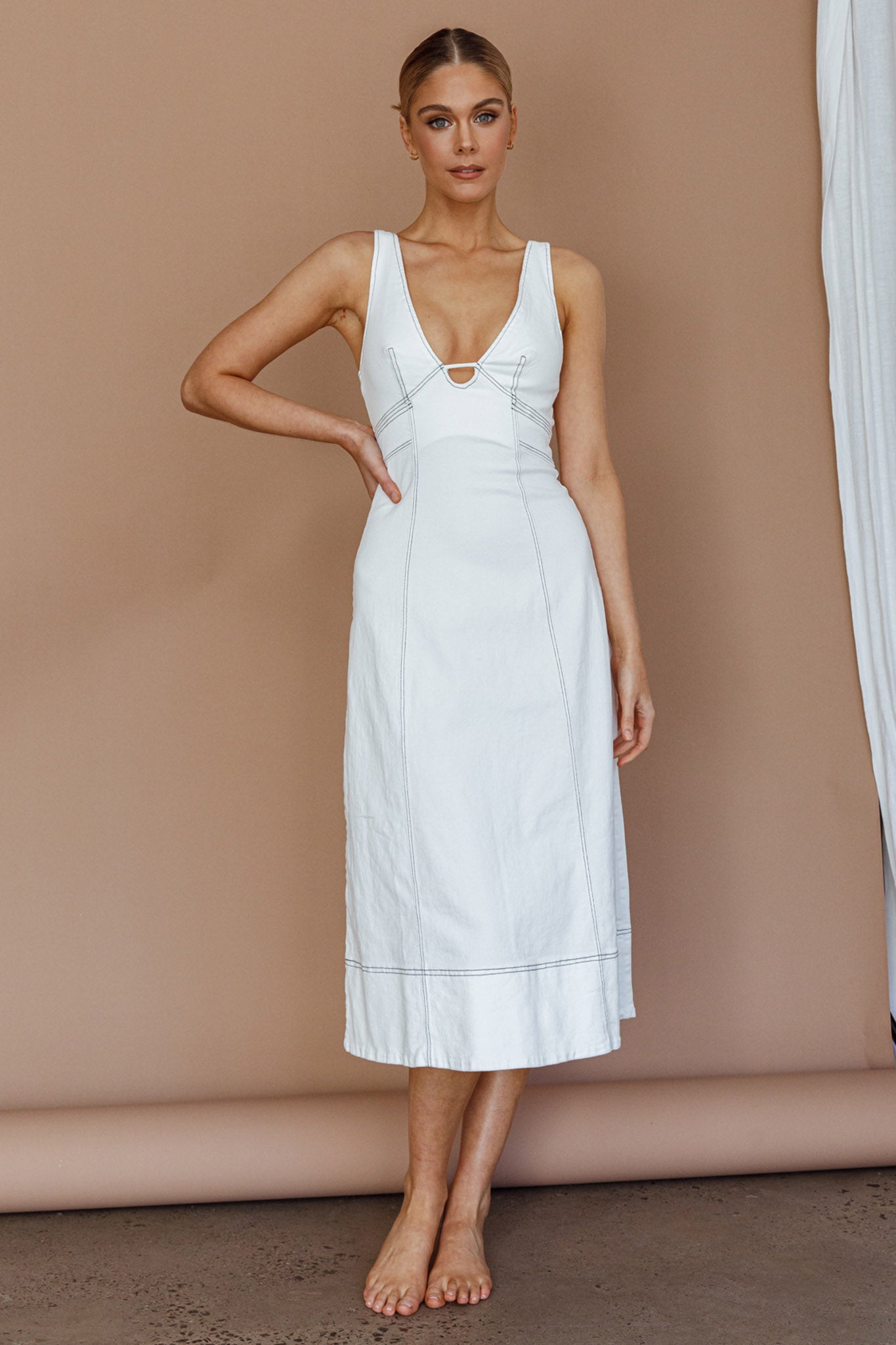 Elias Decorative Stitch Midi Dress White by Selfie Leslie