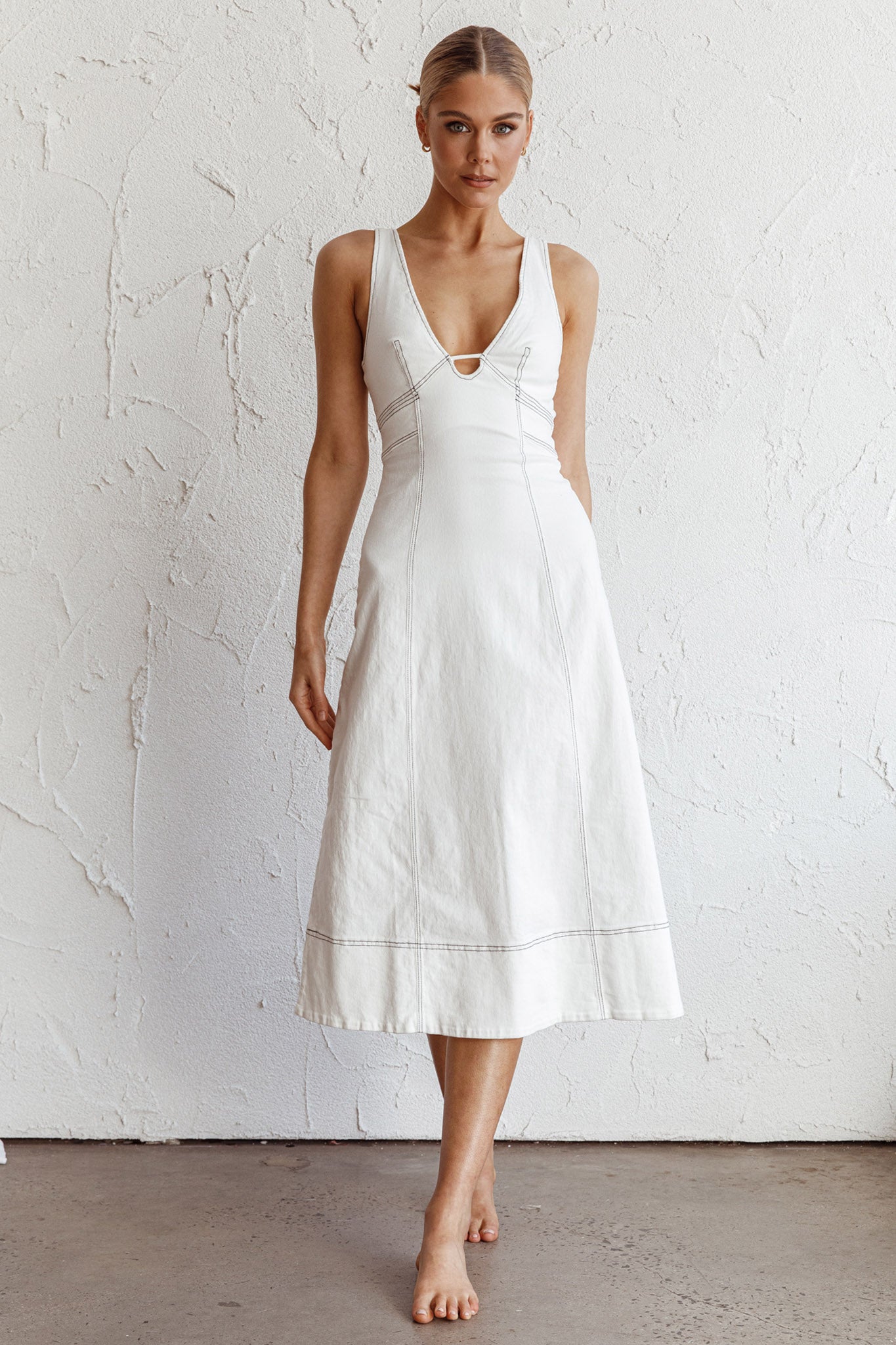 Elias Decorative Stitch Midi Dress White by Selfie Leslie