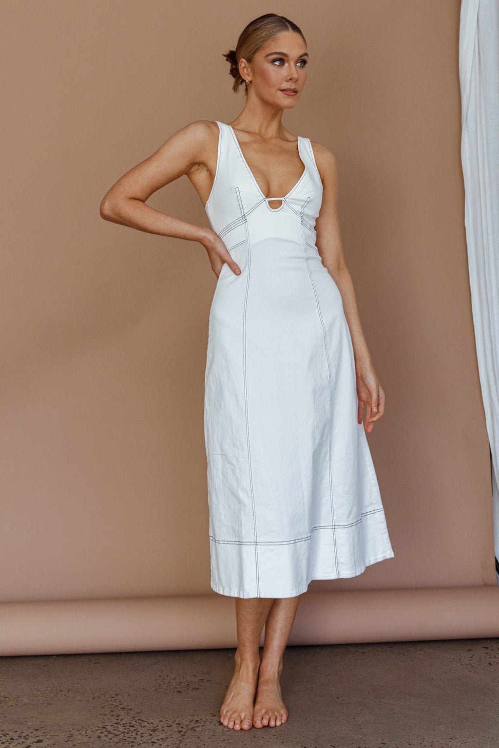 Elias Decorative Stitch Midi Dress White by Selfie Leslie
