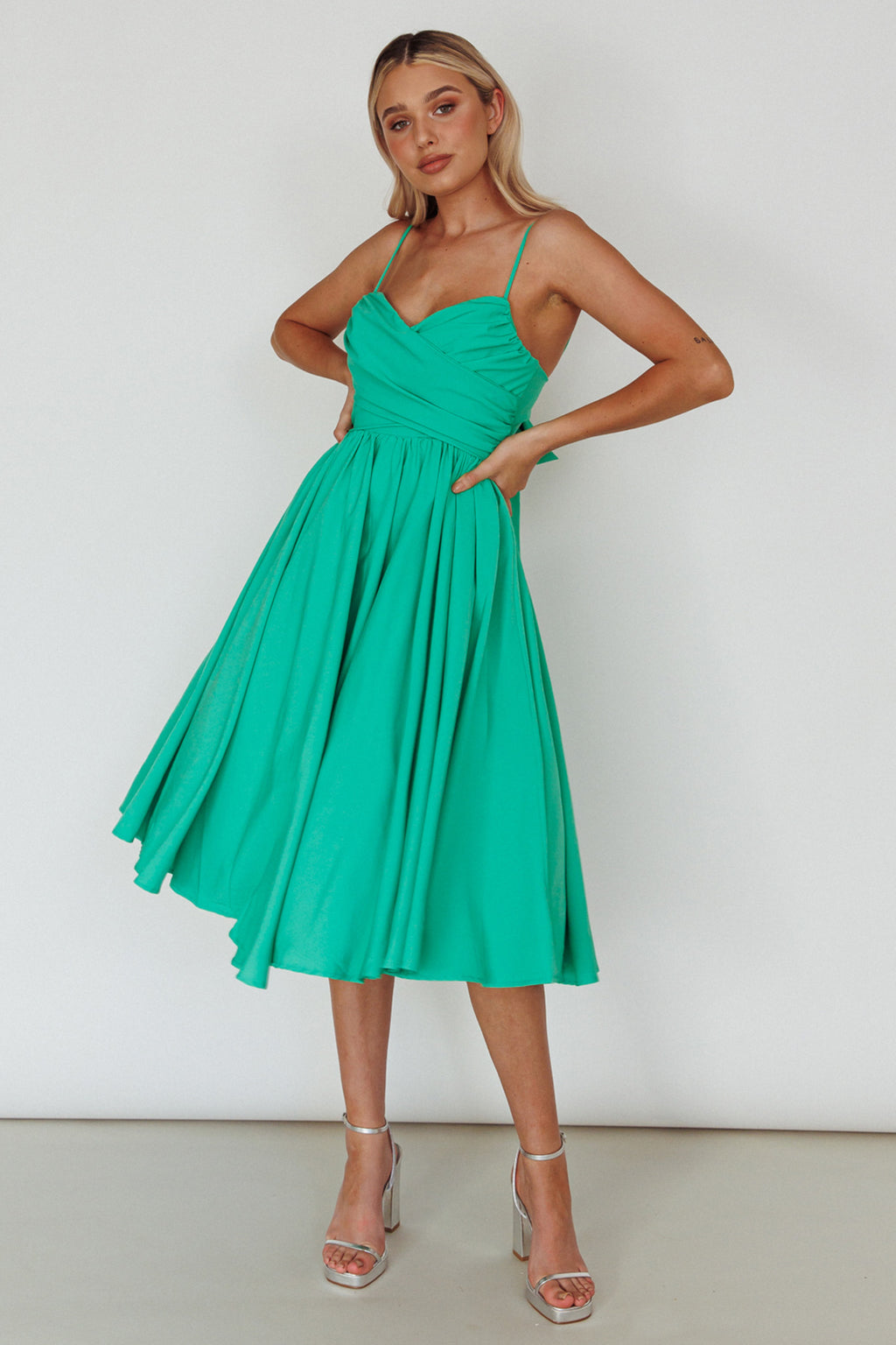 Salome Tied Back Knee Length Dress Green by Selfie Leslie