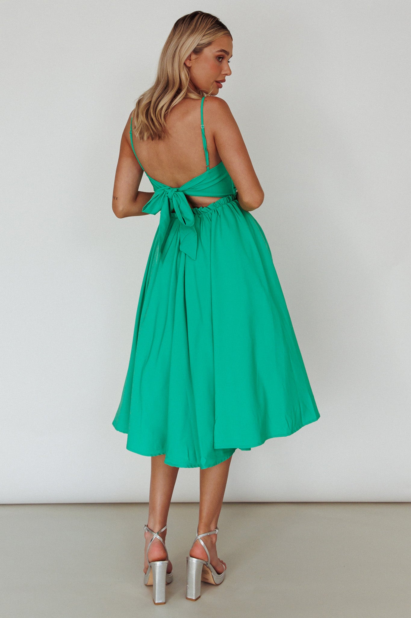 Salome Tied Back Knee Length Dress Green by Selfie Leslie