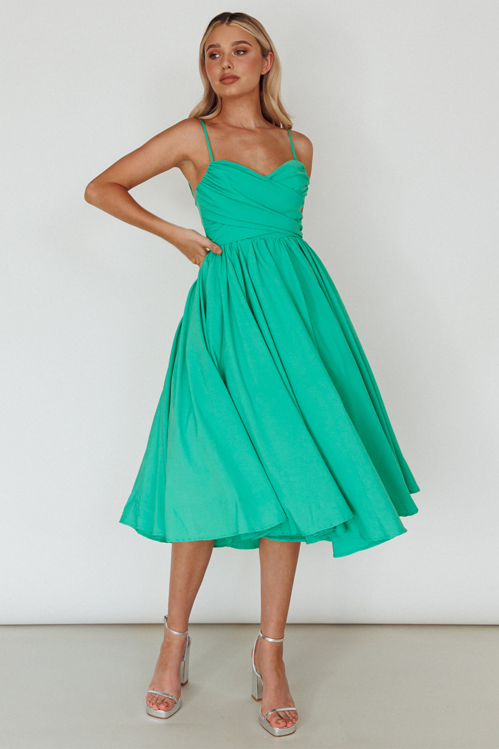 Salome Tied Back Knee Length Dress Green by Selfie Leslie