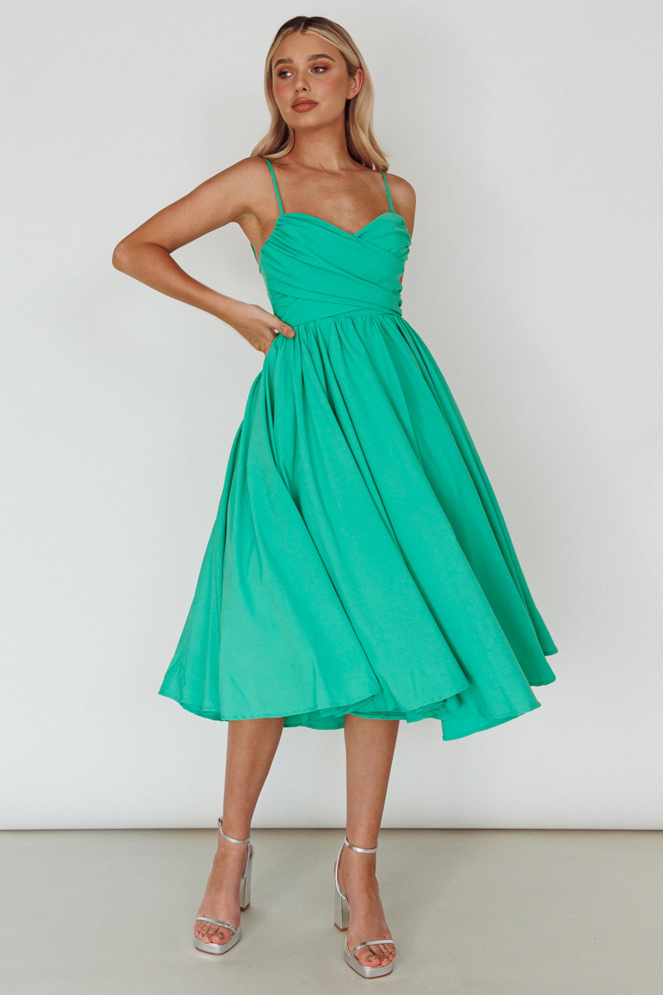 Salome Tied Back Knee Length Dress Green by Selfie Leslie
