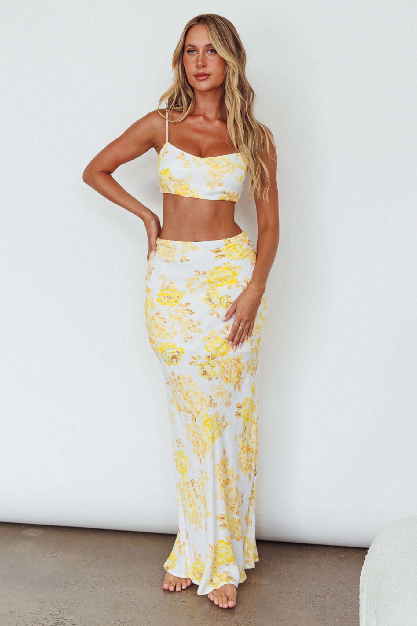 The Moment Cami Strap Crop Top Floral Yellow by Selfie Leslie