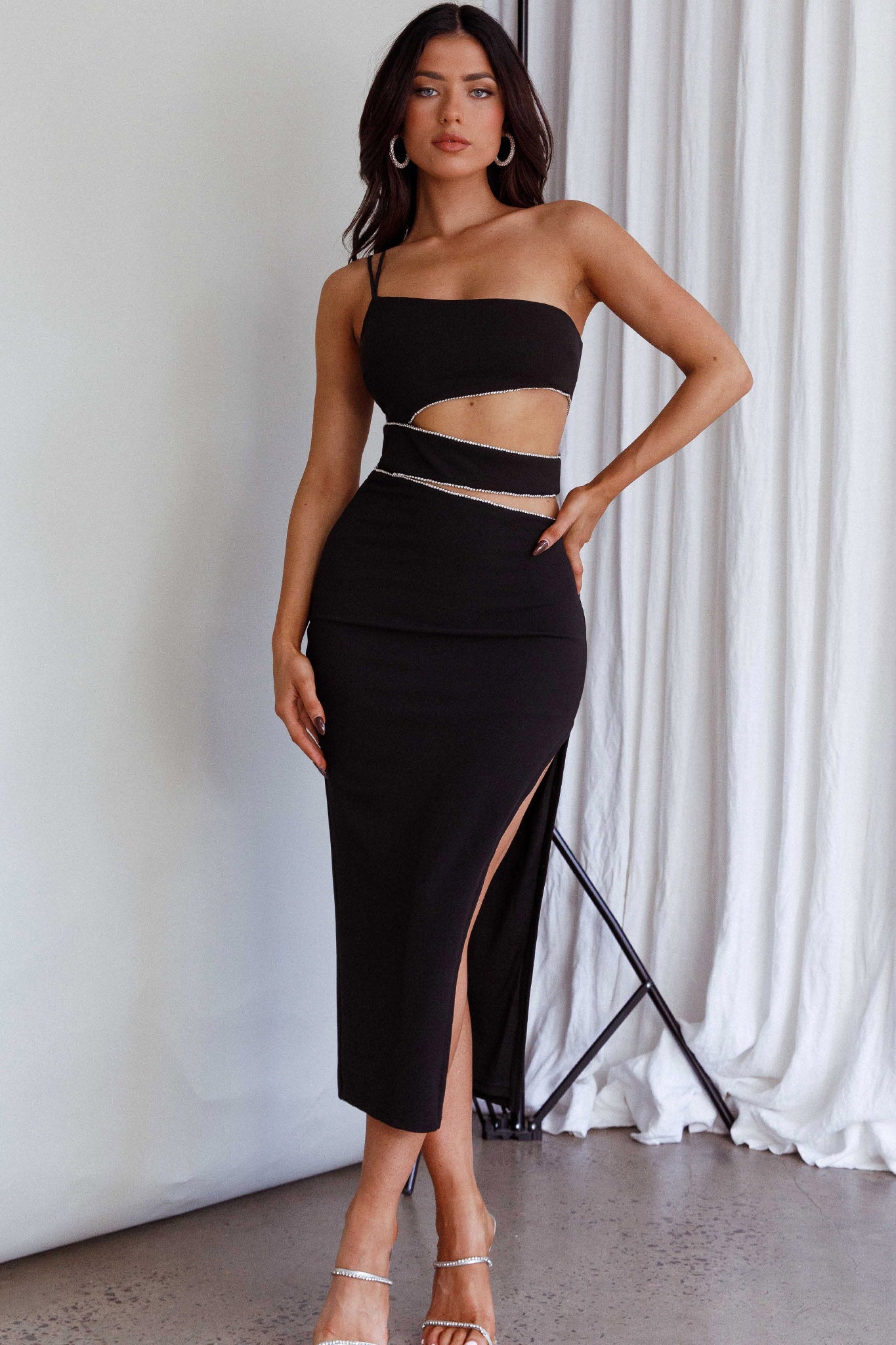 black rhinestone midi dress Raye Cut-Out Waist Rhinestone Midi Dress Black