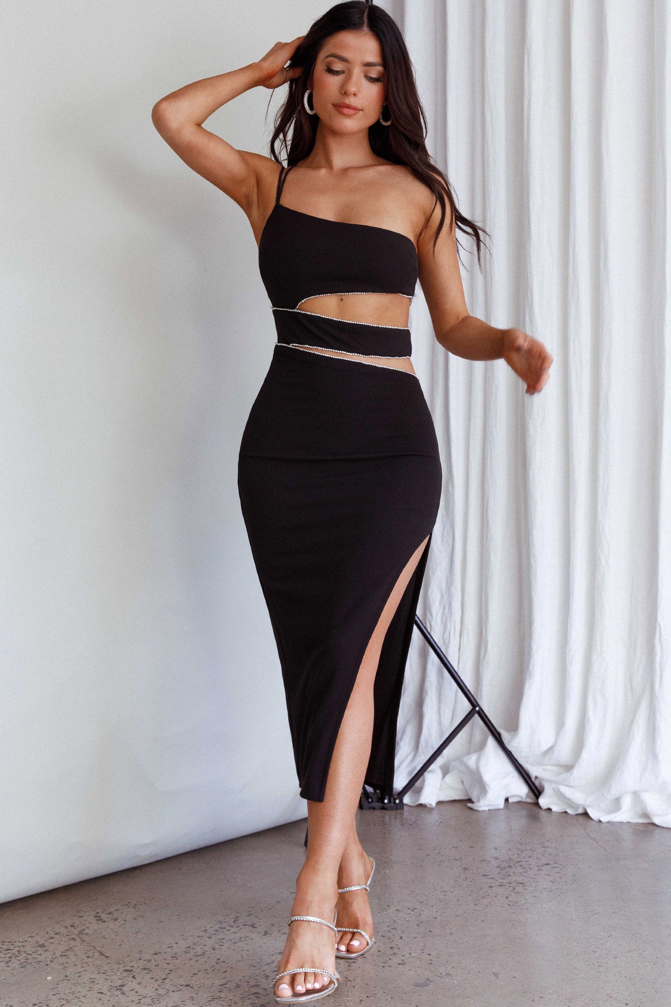 Raye Cut-Out Waist Rhinestone Midi Dress Black by Selfie Leslie