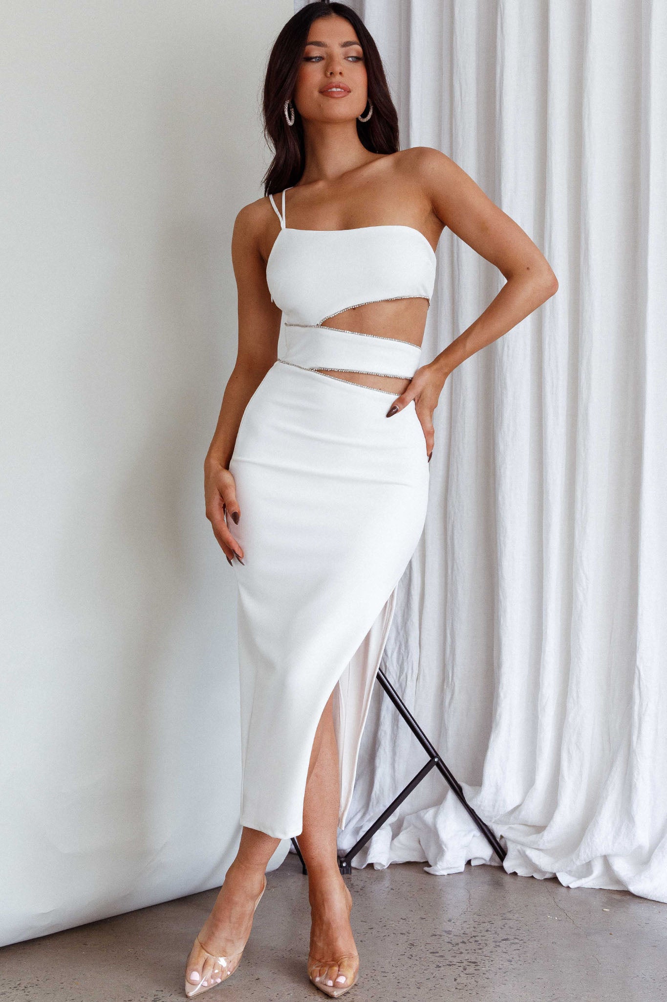 Raye Cut-Out Waist Rhinestone Midi Dress White by Selfie Leslie