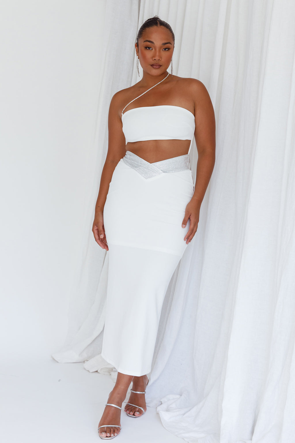 Megyn Diamante Midi Dress White by Selfie Leslie