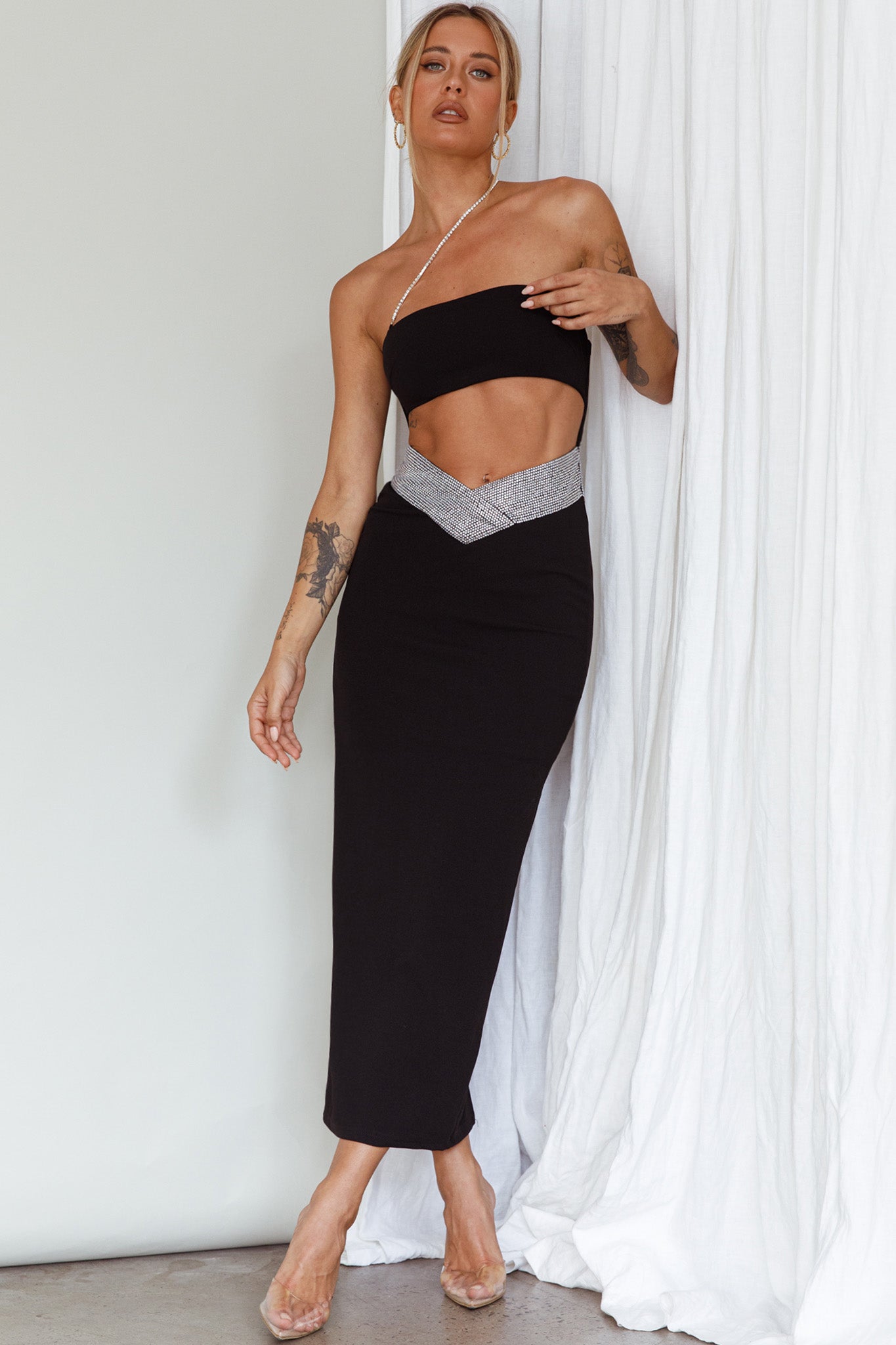 Megyn Diamante Midi Dress Black by Selfie Leslie