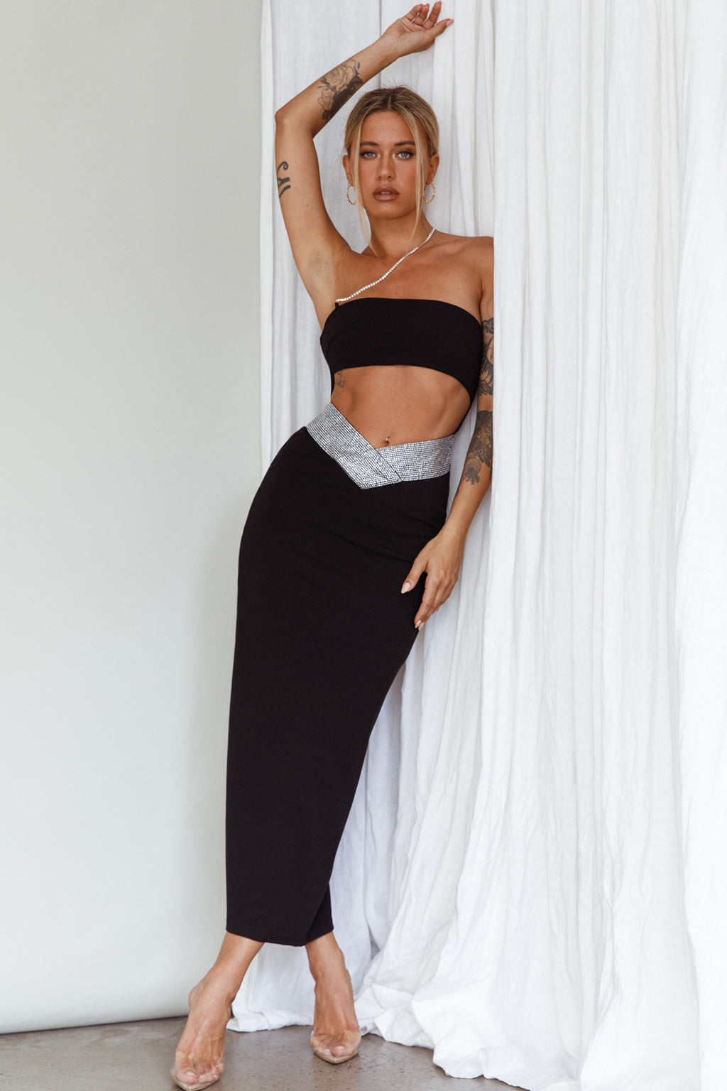 Megyn Diamante Midi Dress Black by Selfie Leslie