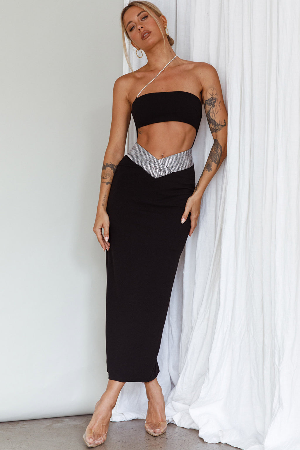 Megyn Diamante Midi Dress Black by Selfie Leslie