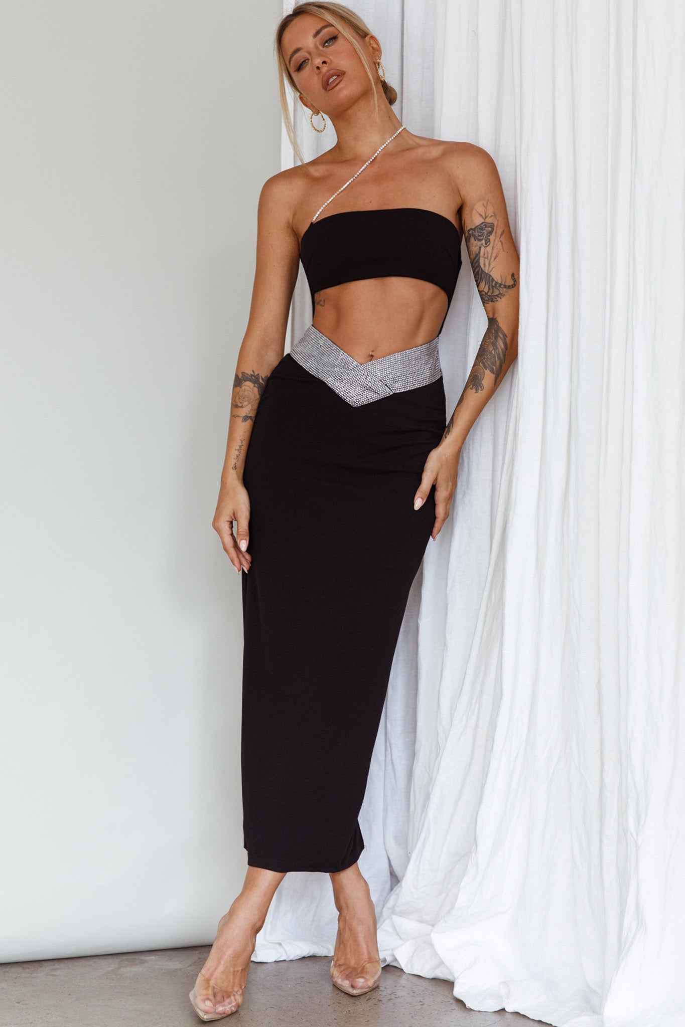 Megyn Diamante Midi Dress Black by Selfie Leslie