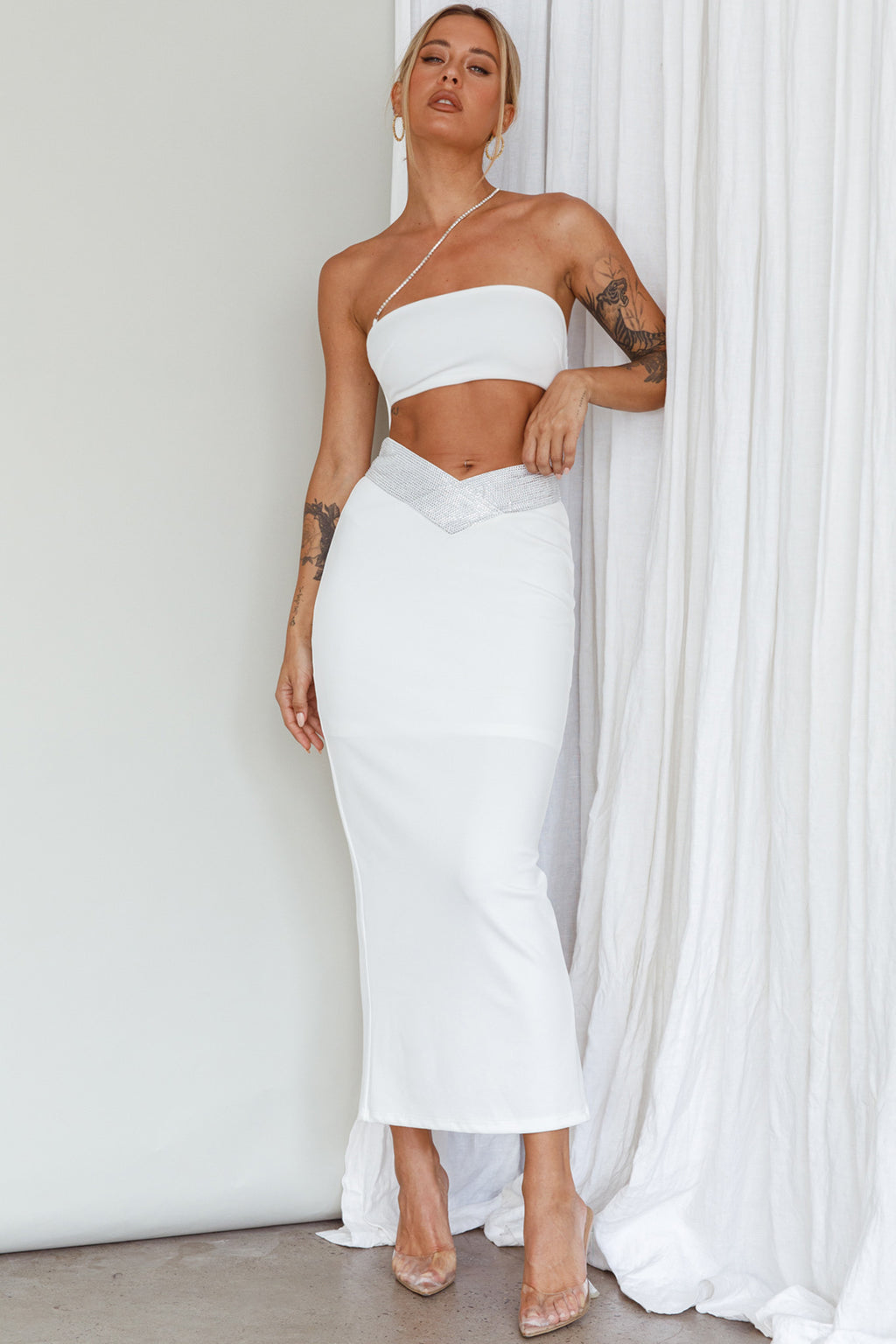 Megyn Diamante Midi Dress White by Selfie Leslie
