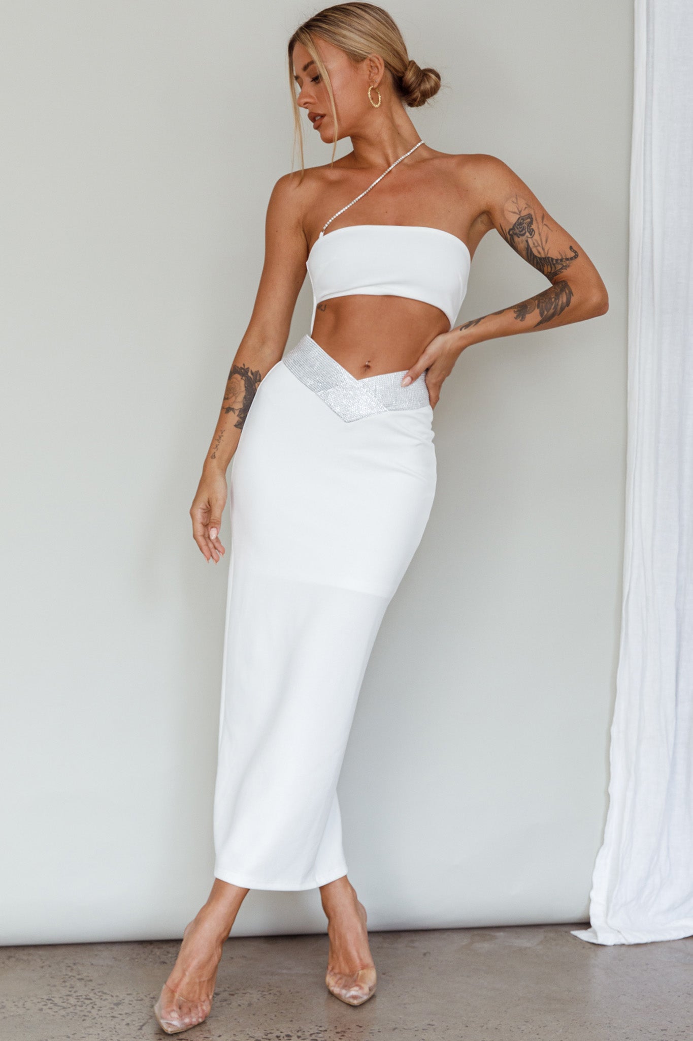 Megyn Diamante Midi Dress White by Selfie Leslie