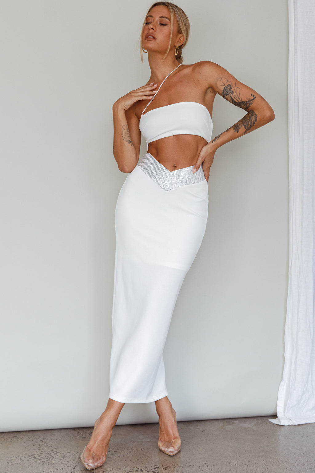Megyn Diamante Midi Dress White by Selfie Leslie