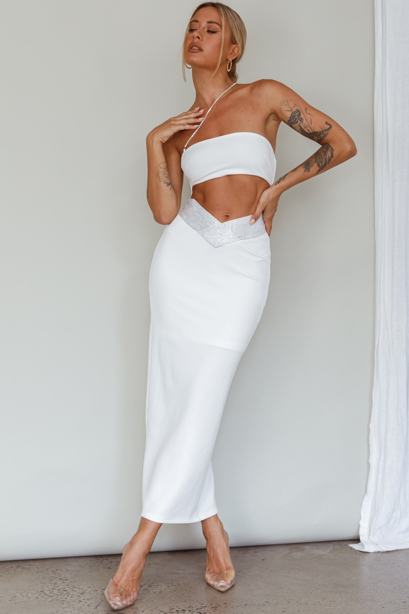Megyn Diamante Midi Dress White by Selfie Leslie