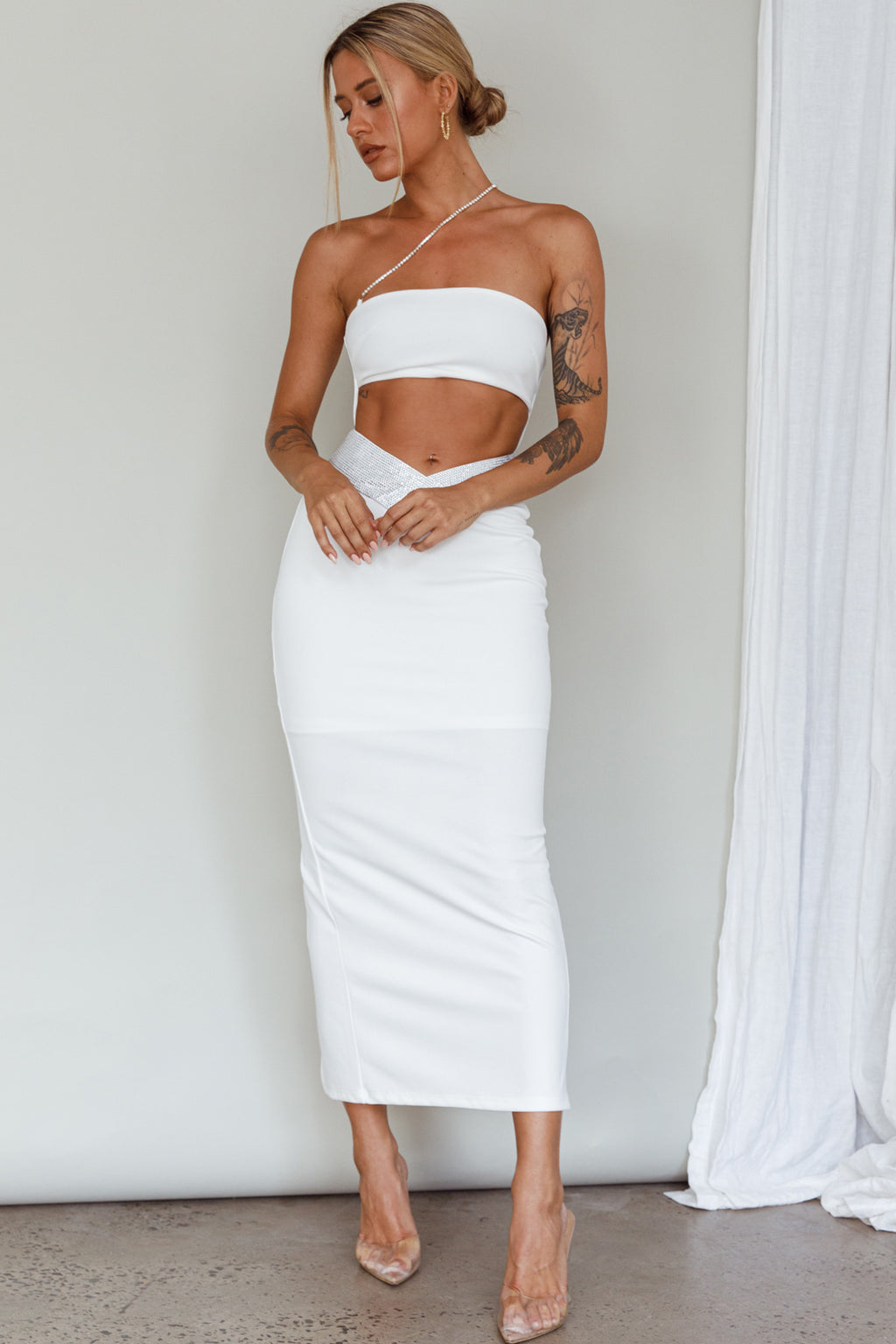 Megyn Diamante Midi Dress White by Selfie Leslie